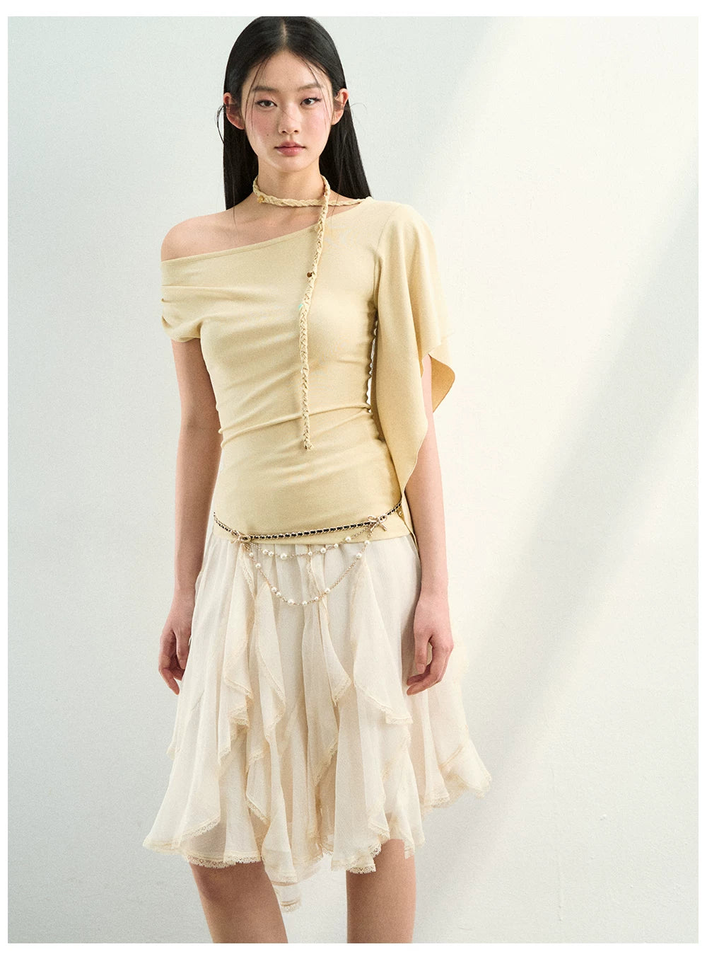 Asymmetrical Off-Shoulder Draped Blouse