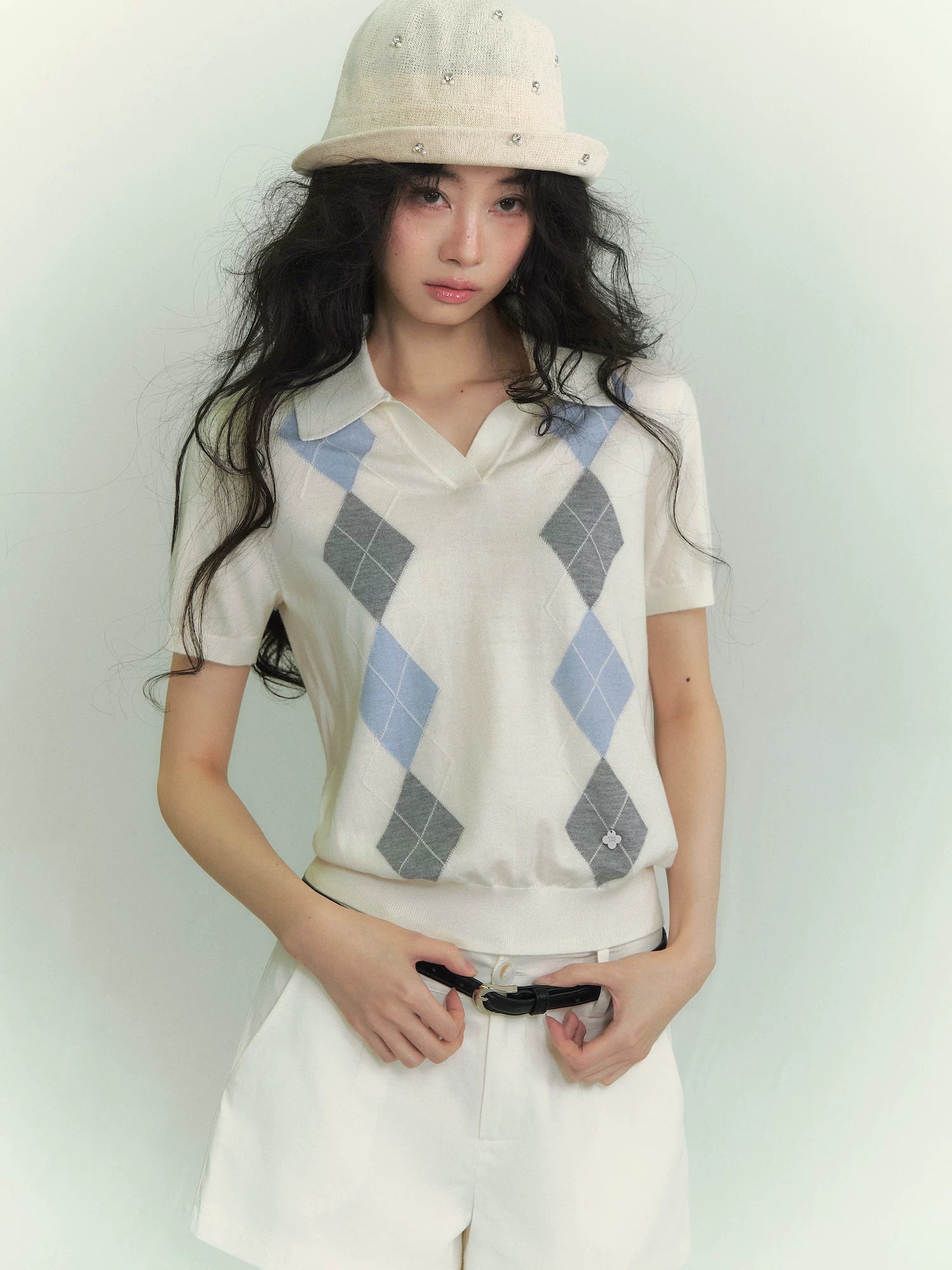 Diamond Panel Colorblock Polo Knit Top