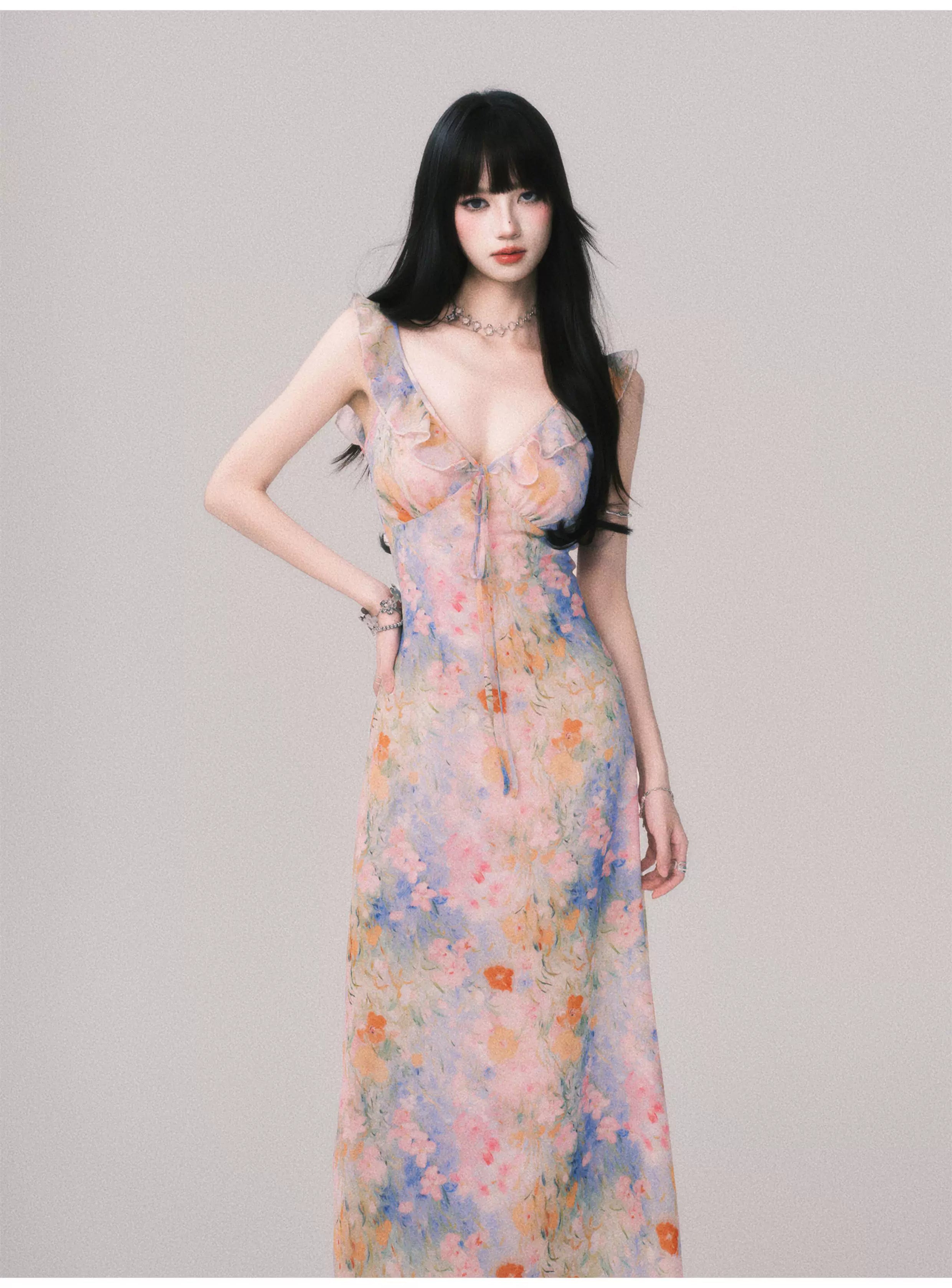 Floral V-Neck French Slip Maxi Dress