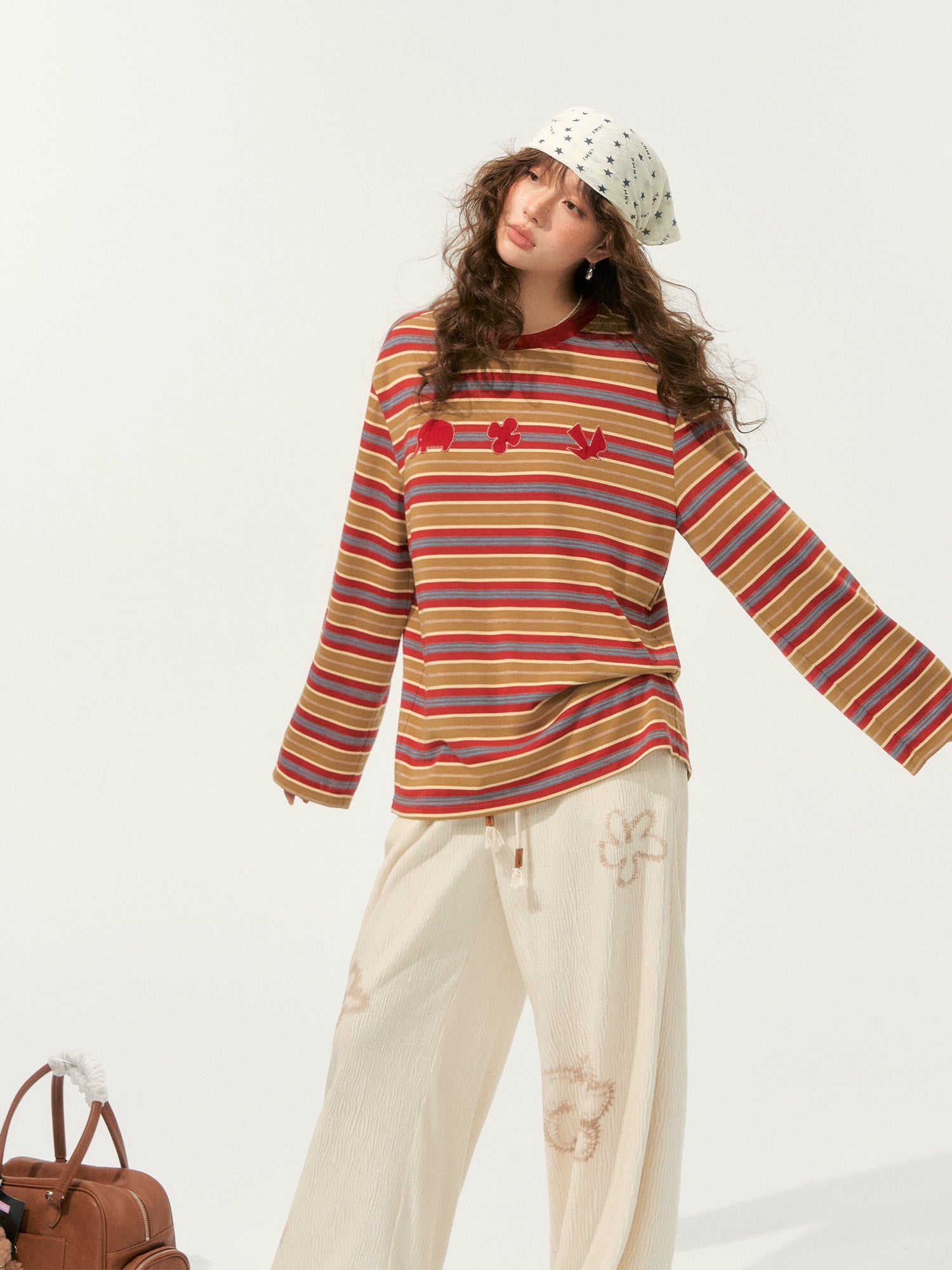 Color-Block Applique Embroidered Striped Long-Sleeve T-Shirt - CHINASQUAD
