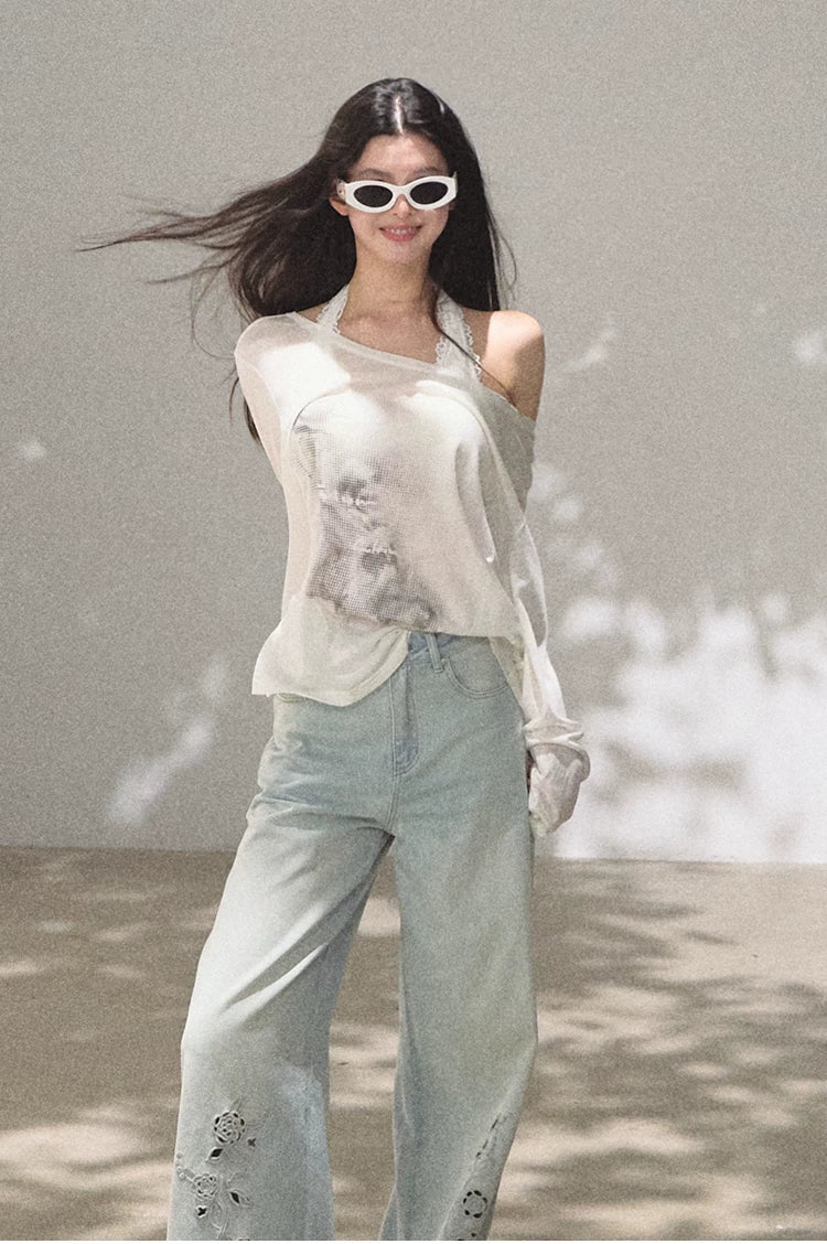 Asymmetric Wool-Modal Lightweight Off-Shoulder Knit T-shirt