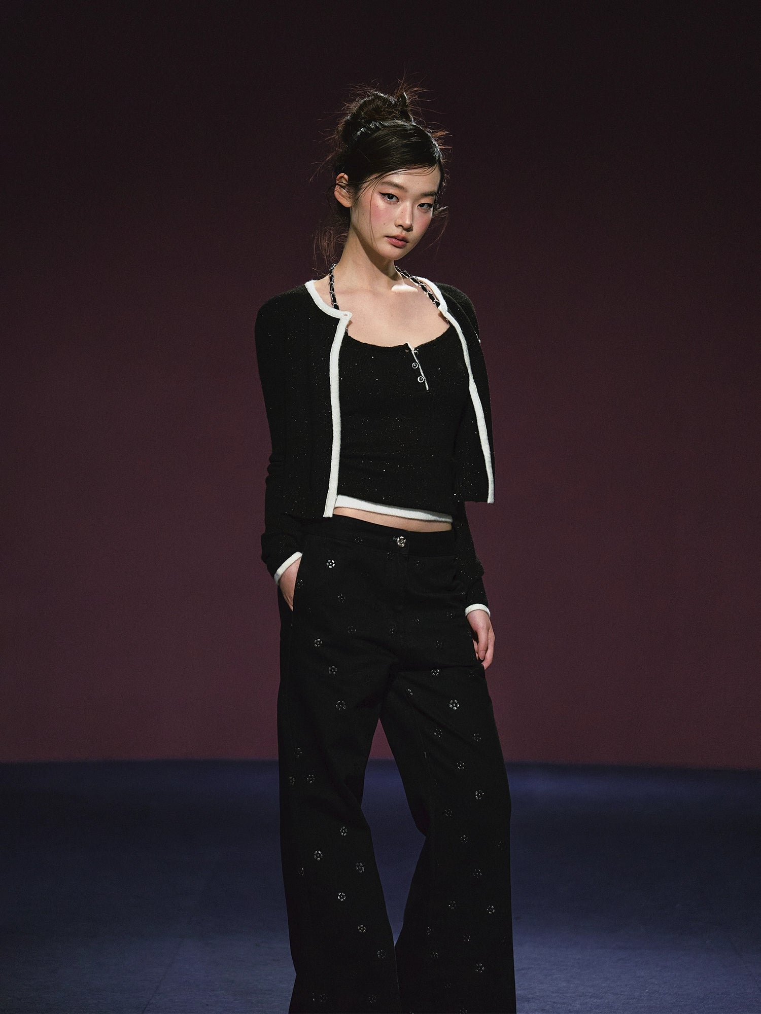Tweed Galaxy Shimmer Chain Halter Camisole & Cardigan Set - CHINASQUAD