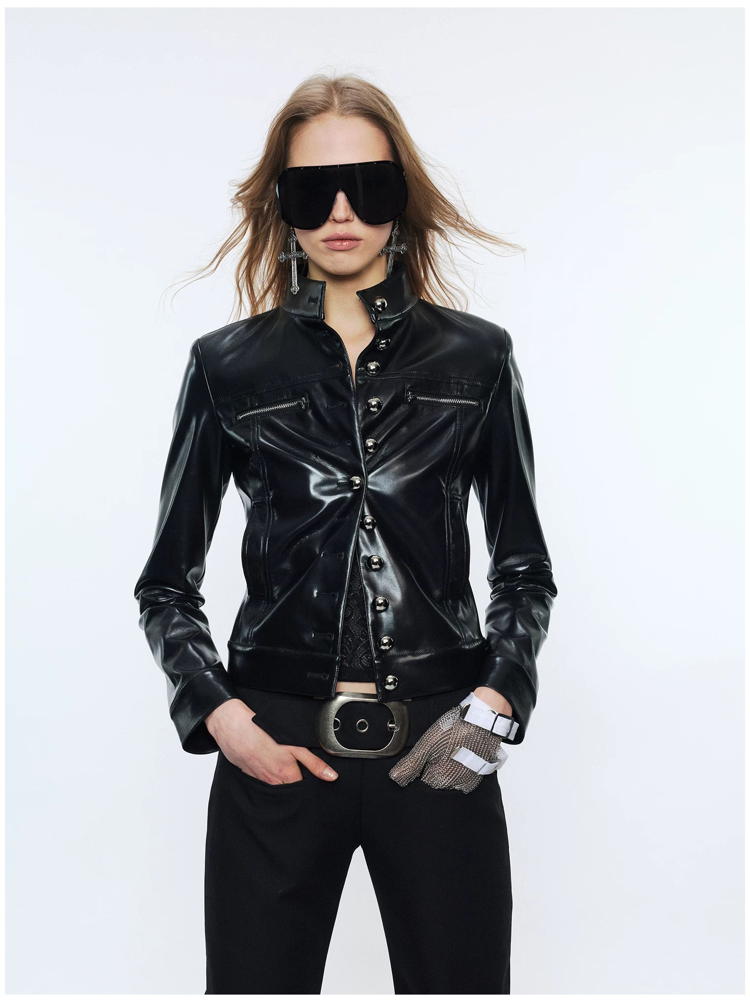 Punk Metal Button Waist-Cinched Faux Leather Jacket