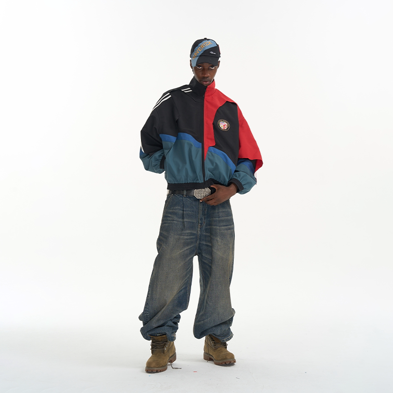 Distressed Cut-Out Color-Block Sport Jacket