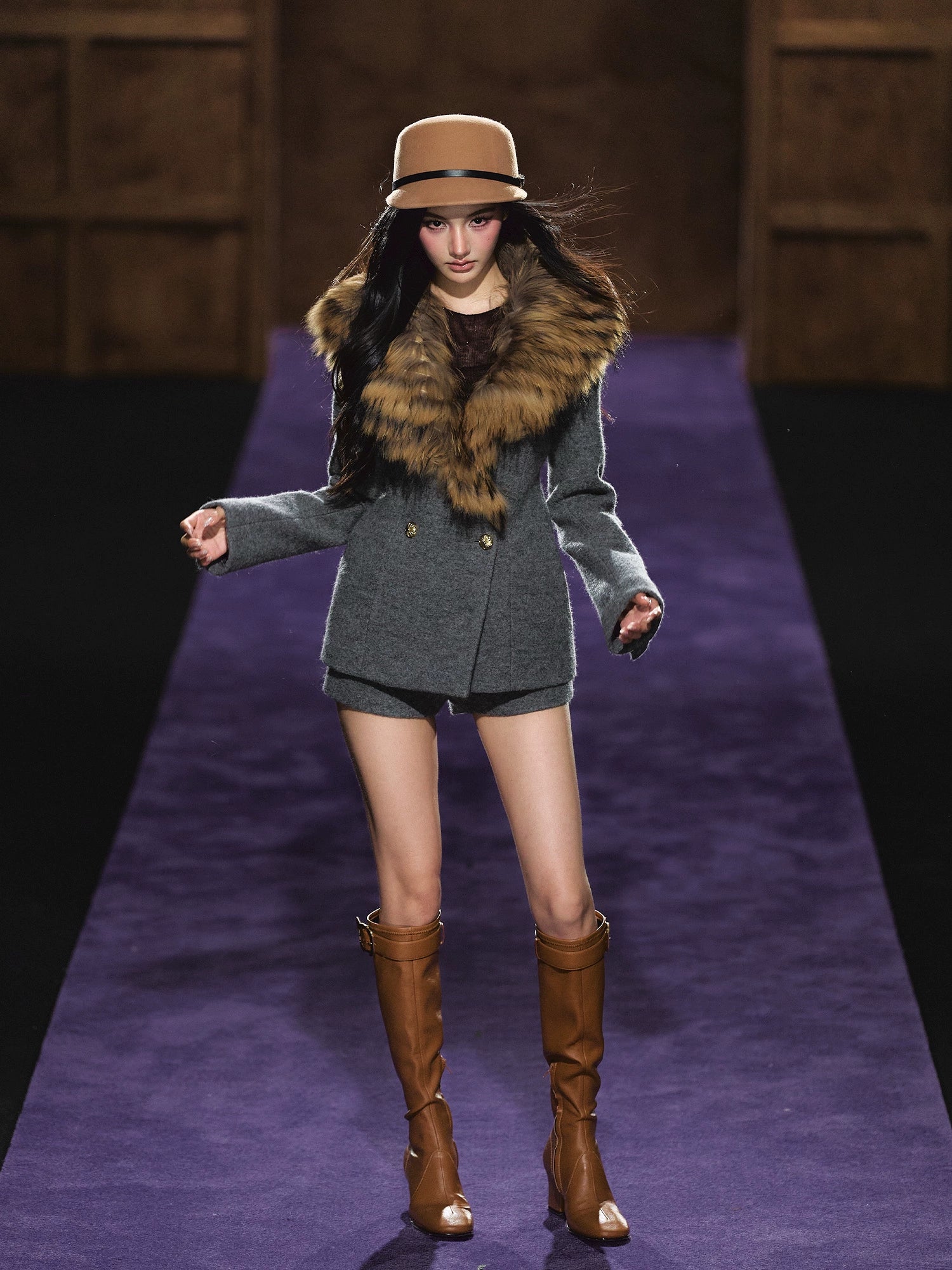 Detachable Fur Collar Wool Tailored Blazer & Shorts Set