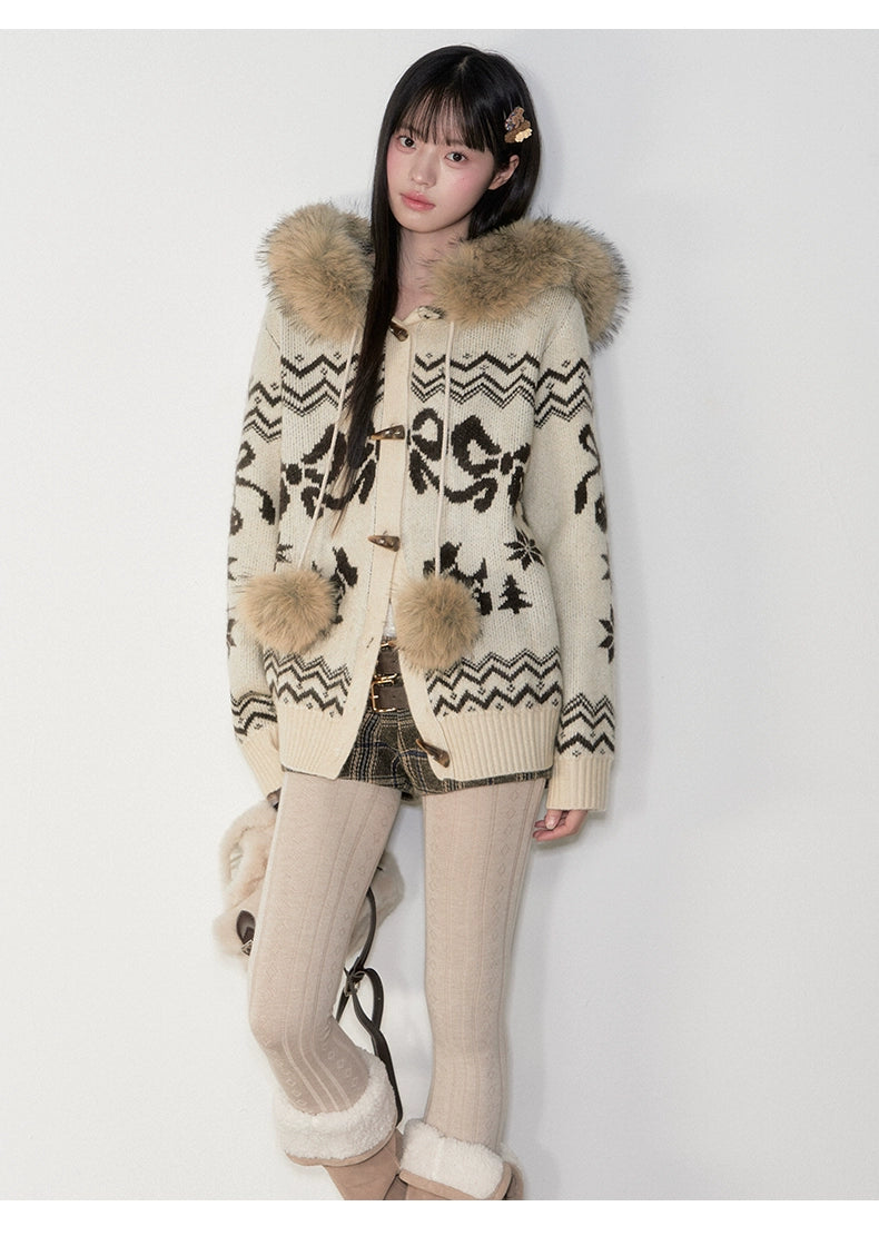 Fair Isle Fur Collar Toggle Buttons Knit Coat - CHINASQUAD