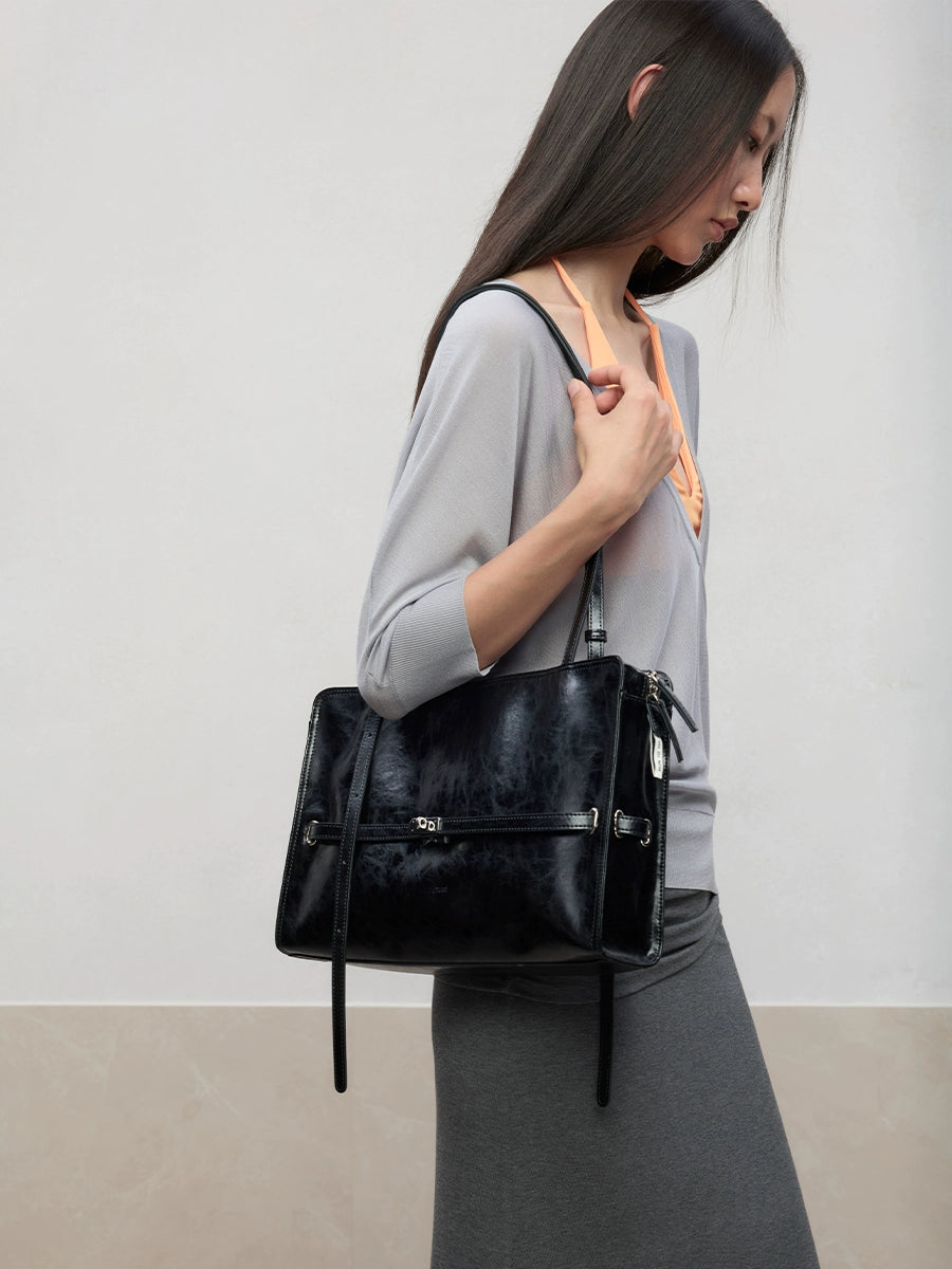 Black Microfiber Leather Water-Repellent Crossbody Bag - CHINASQUAD