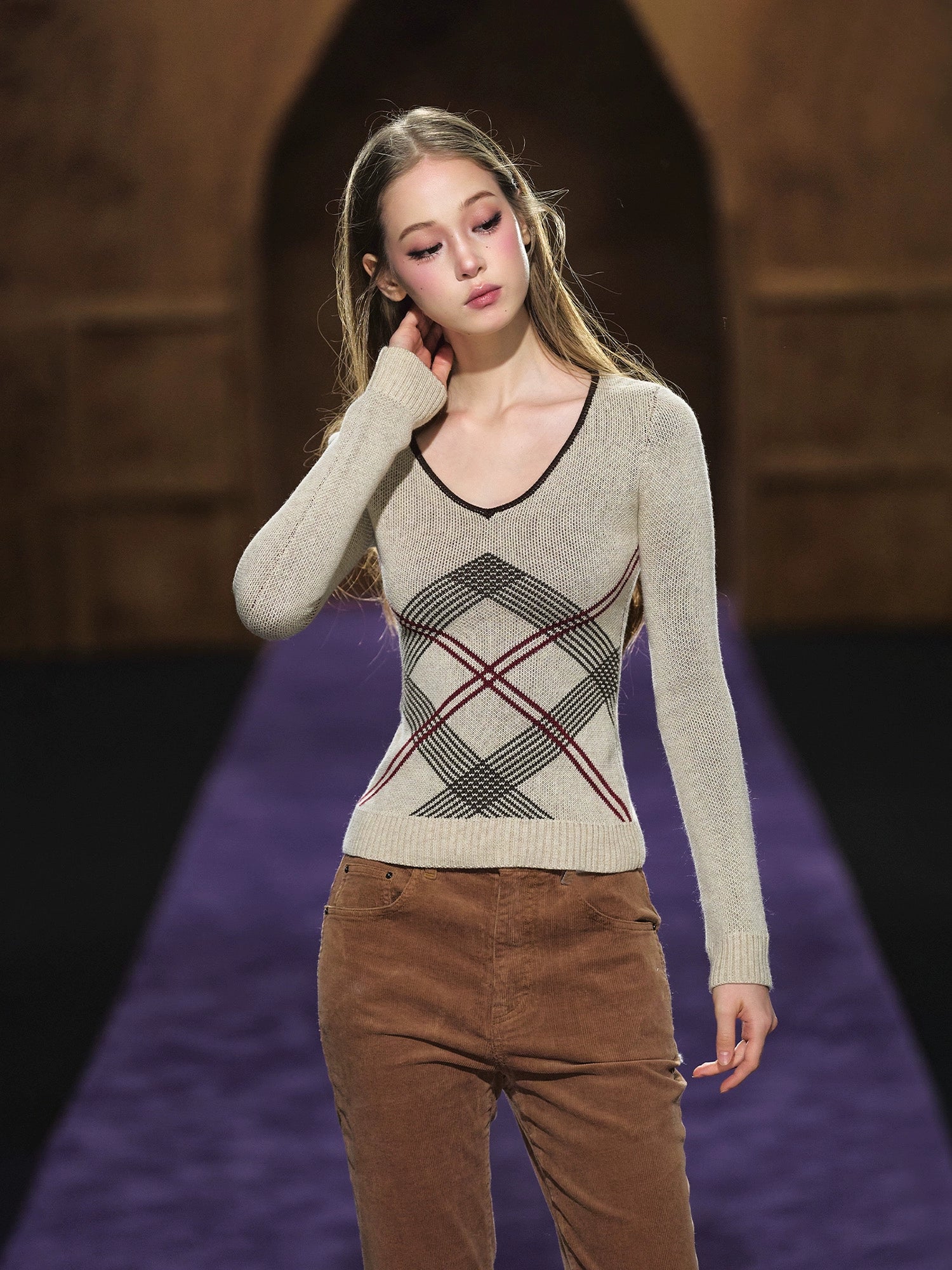 Vintage Check Contrast Slim-Fit Knit Crewneck