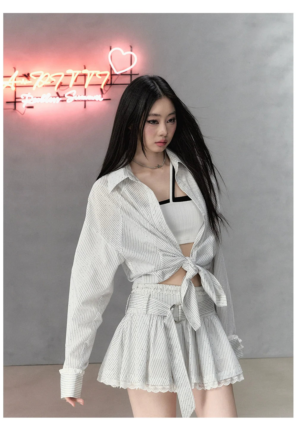 Shiny Rhinestone Striped Lace Patchwork Shirt & Skirt - CHINASQUAD