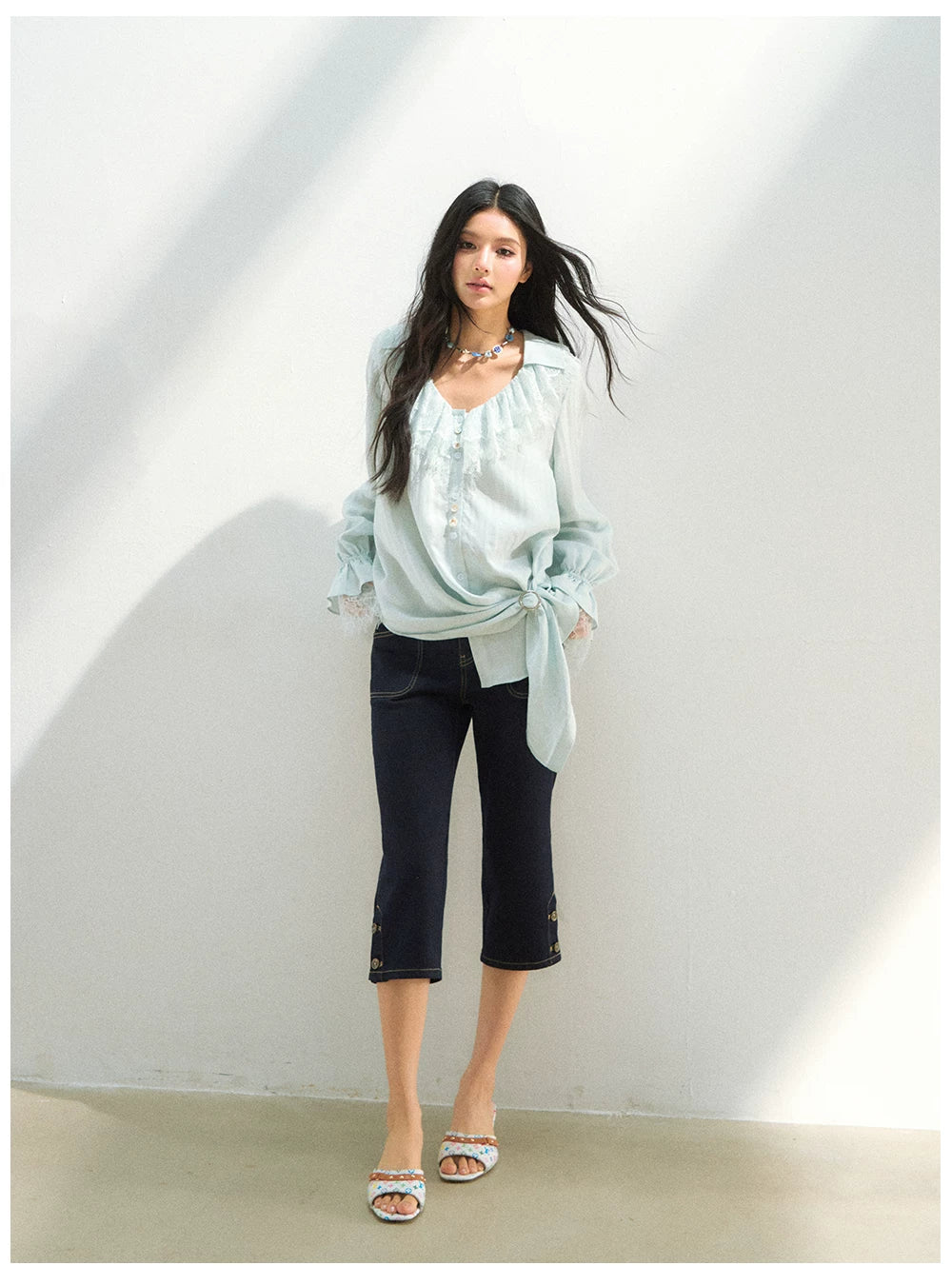 Lace Trim Relaxed Lyocell Blouse