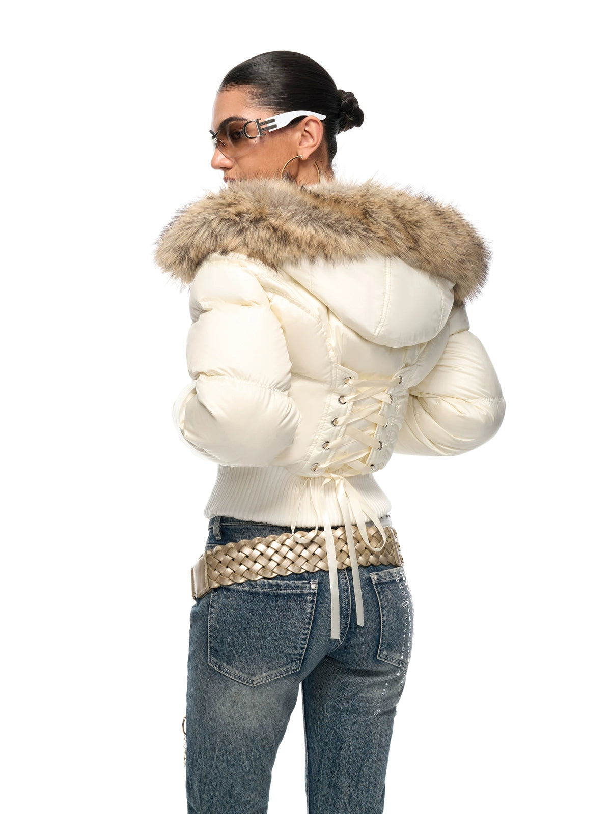 Vintage Waist-Cinched Cropped Down Jacket