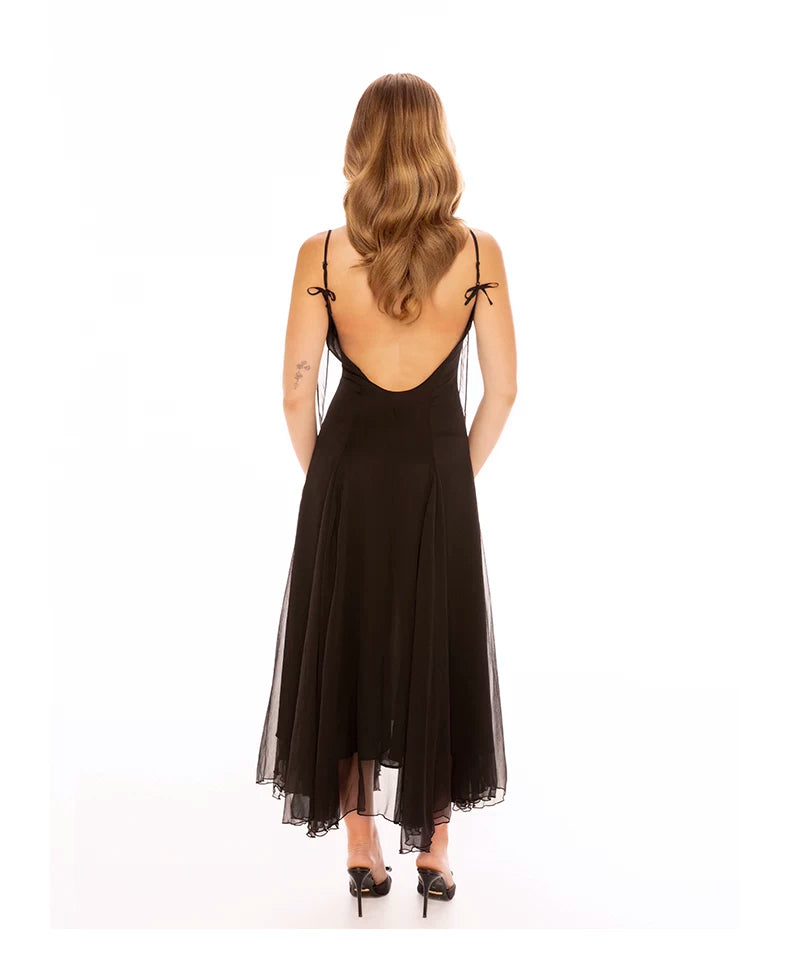 Sheer Bow-Detail Draped Maxi Dress