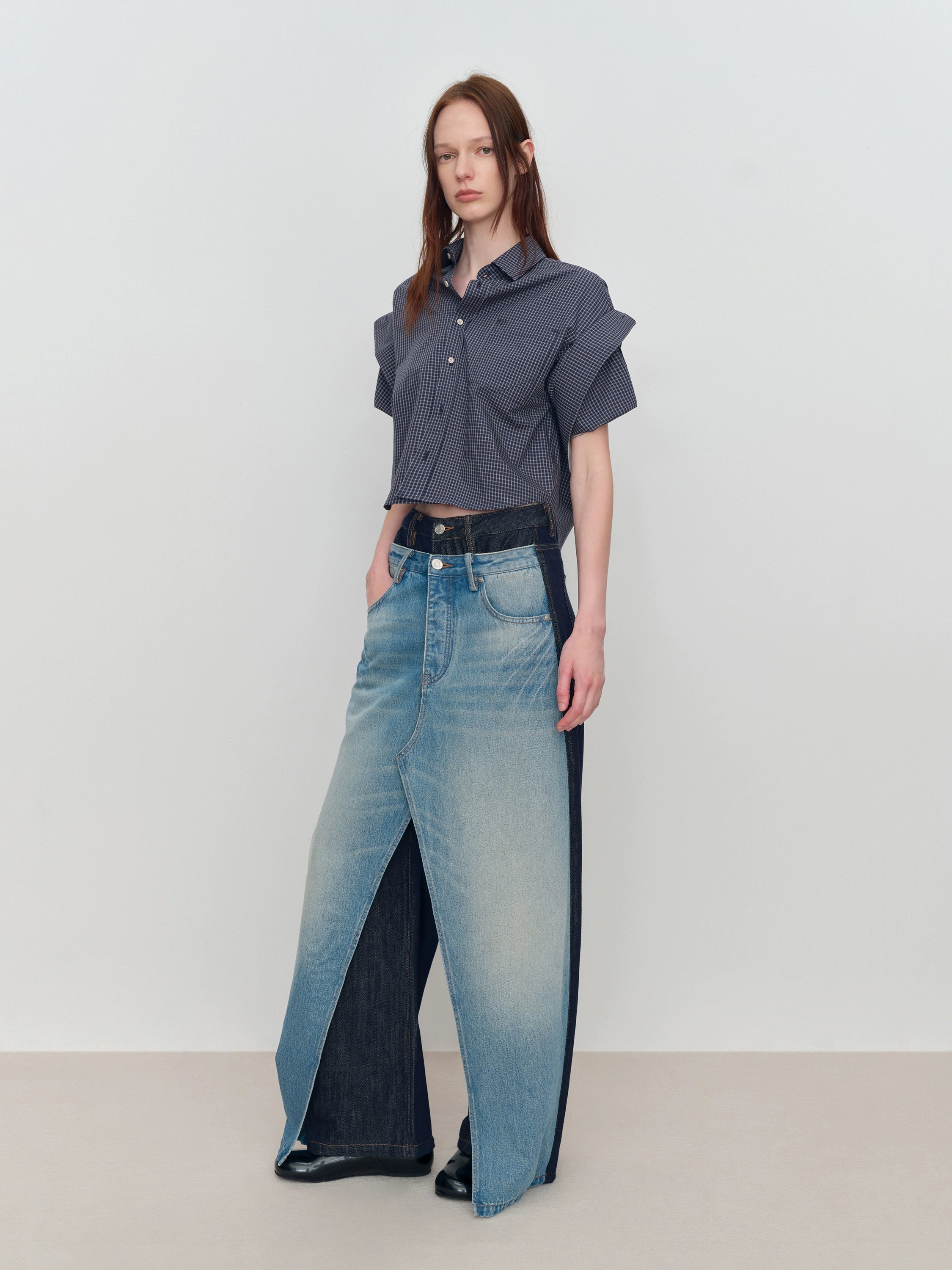 Spliced Fake Two-Piece Wide-Leg Jeans - CHINASQUAD