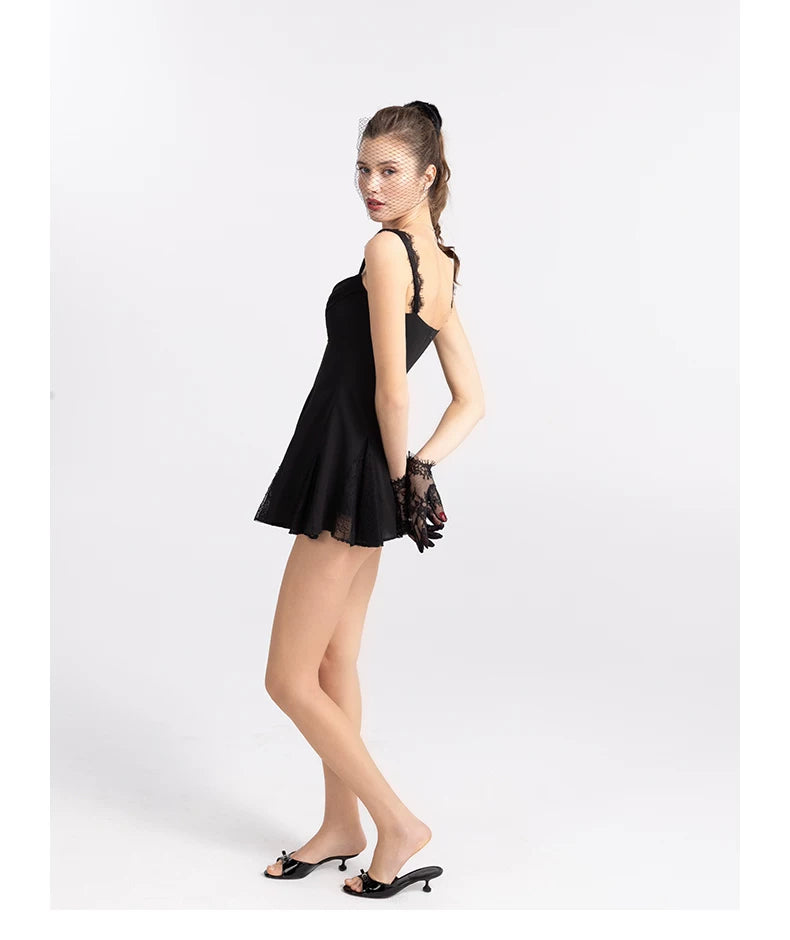 Lace Cowl-Neck Chiffon Mini Dress