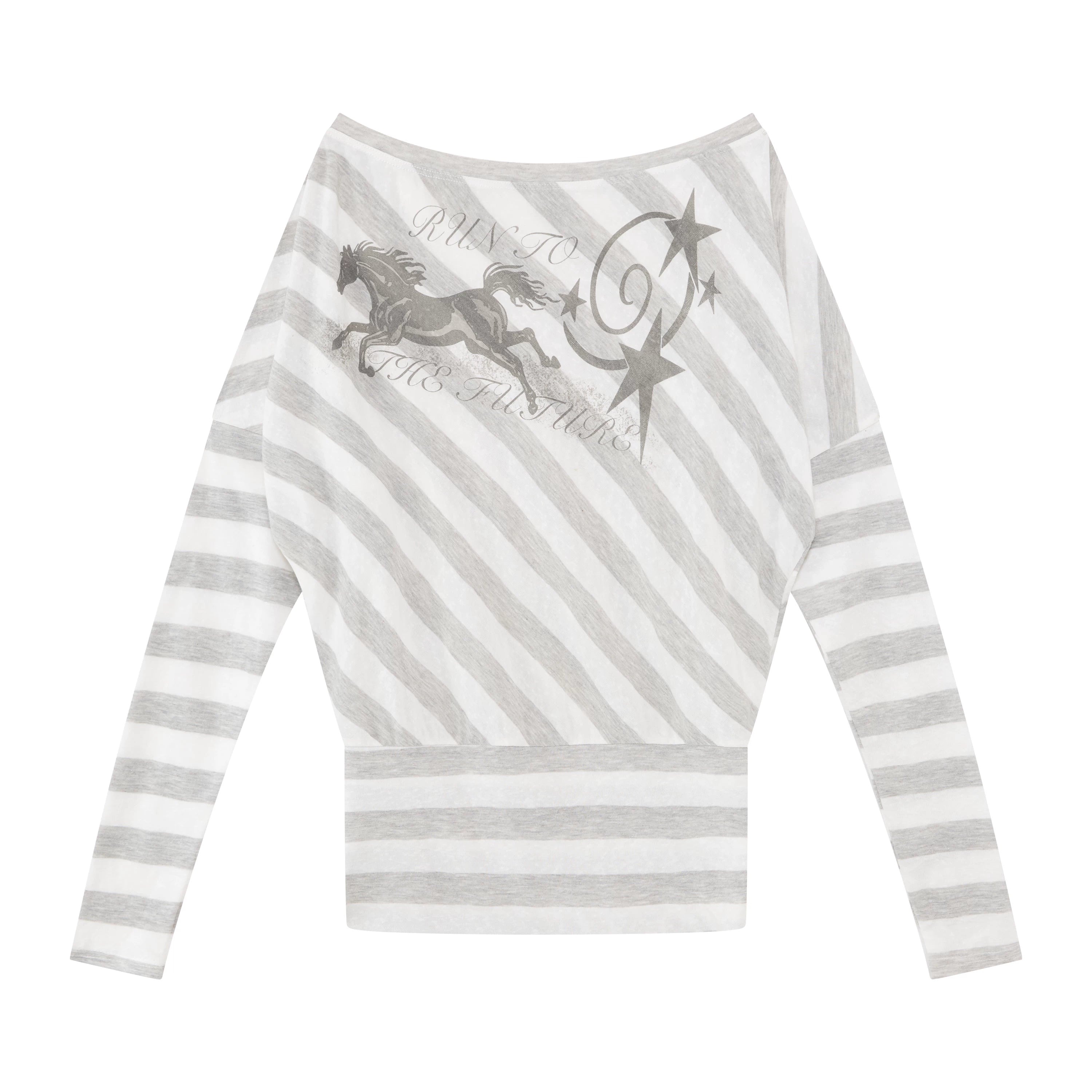 Grey Striped Off-Shoulder Graphic Long Sleeve Blouse