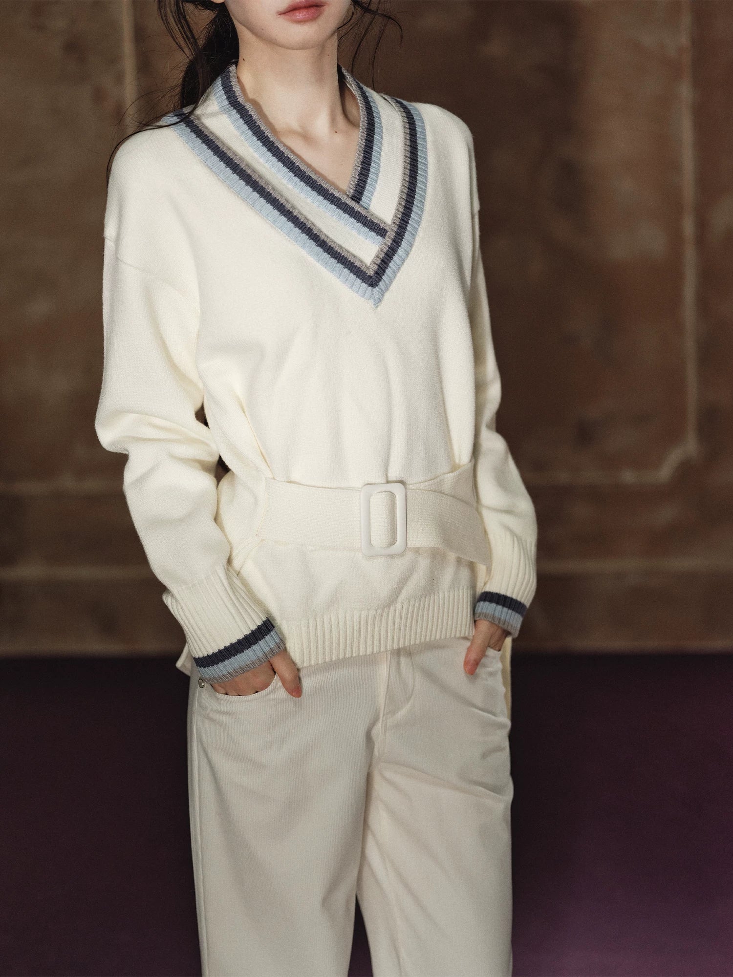 Contrast Double-V Neck Relaxed Knit Sweater