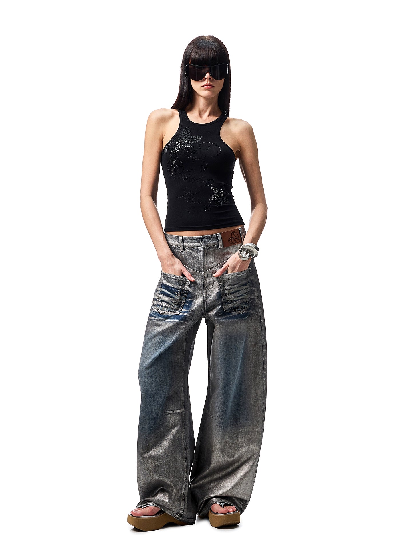 Silver-Foil Embroidered Straight-Leg Denim Curved Pants - CHINASQUAD