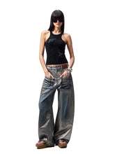 Silver-Foil Embroidered Straight-Leg Denim Curved Pants - CHINASQUAD