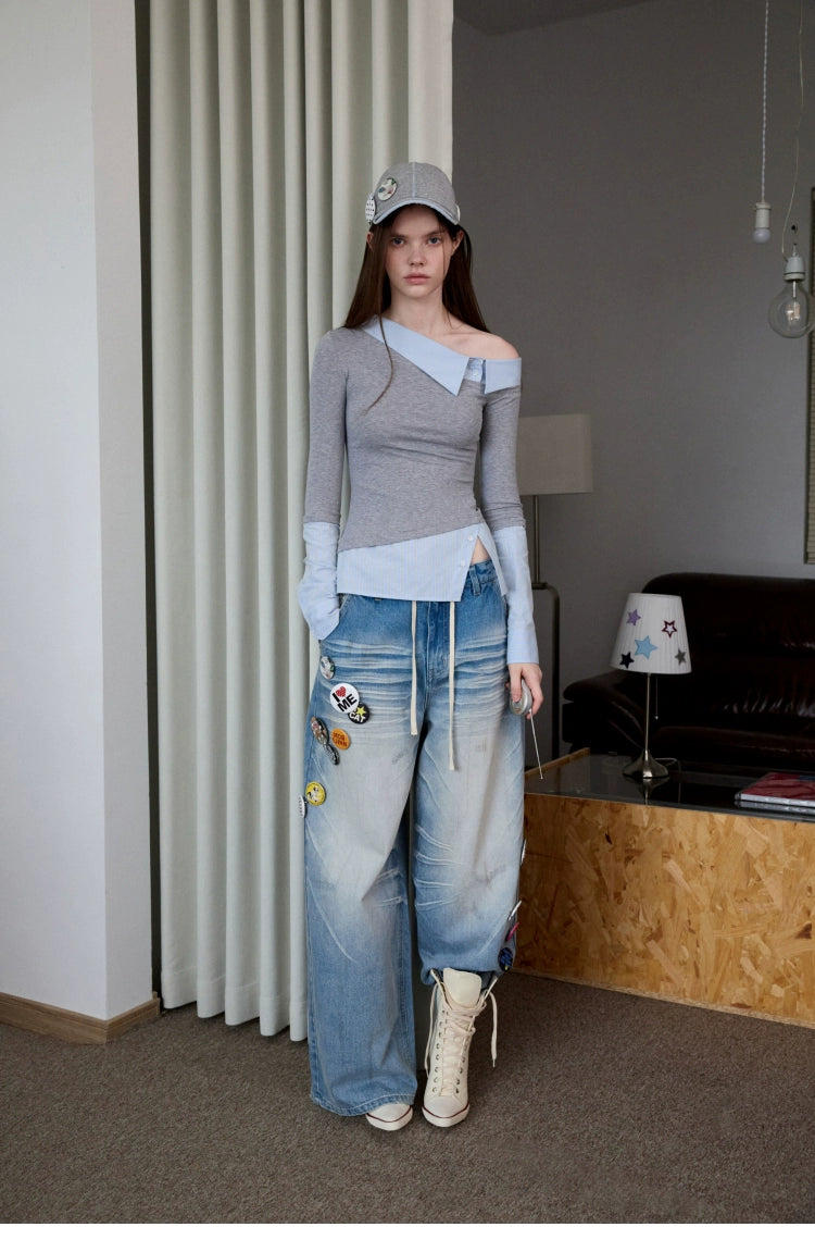 Asymmetric Collar Fake Two-Piece Fitted Blouse - CHINASQUAD