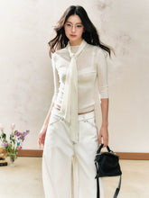 White Tie-Collar Knit Top Pullover Base - CHINASQUAD