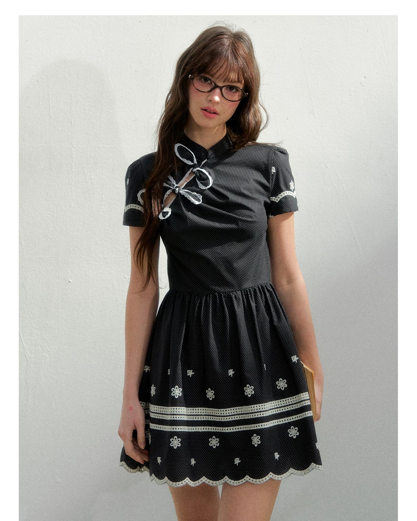 Polka Dot Embroidered Bow Cheongsam Dress