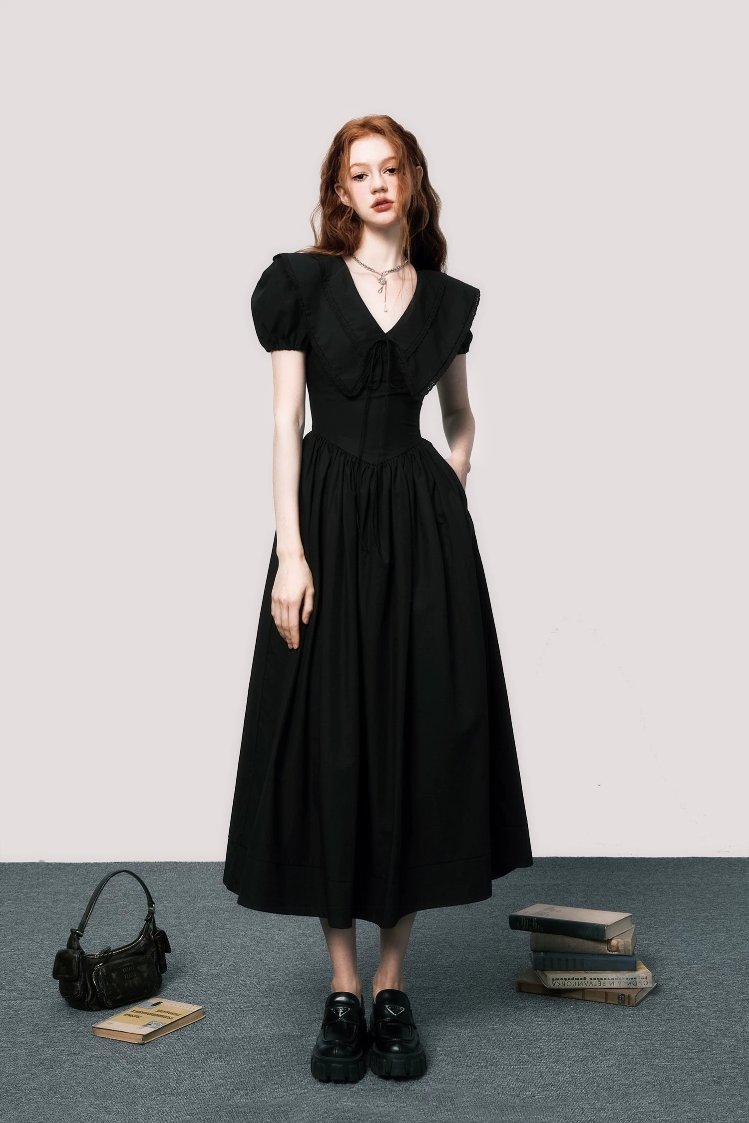 Puff-Sleeve Waist-Defined Maxi Dress