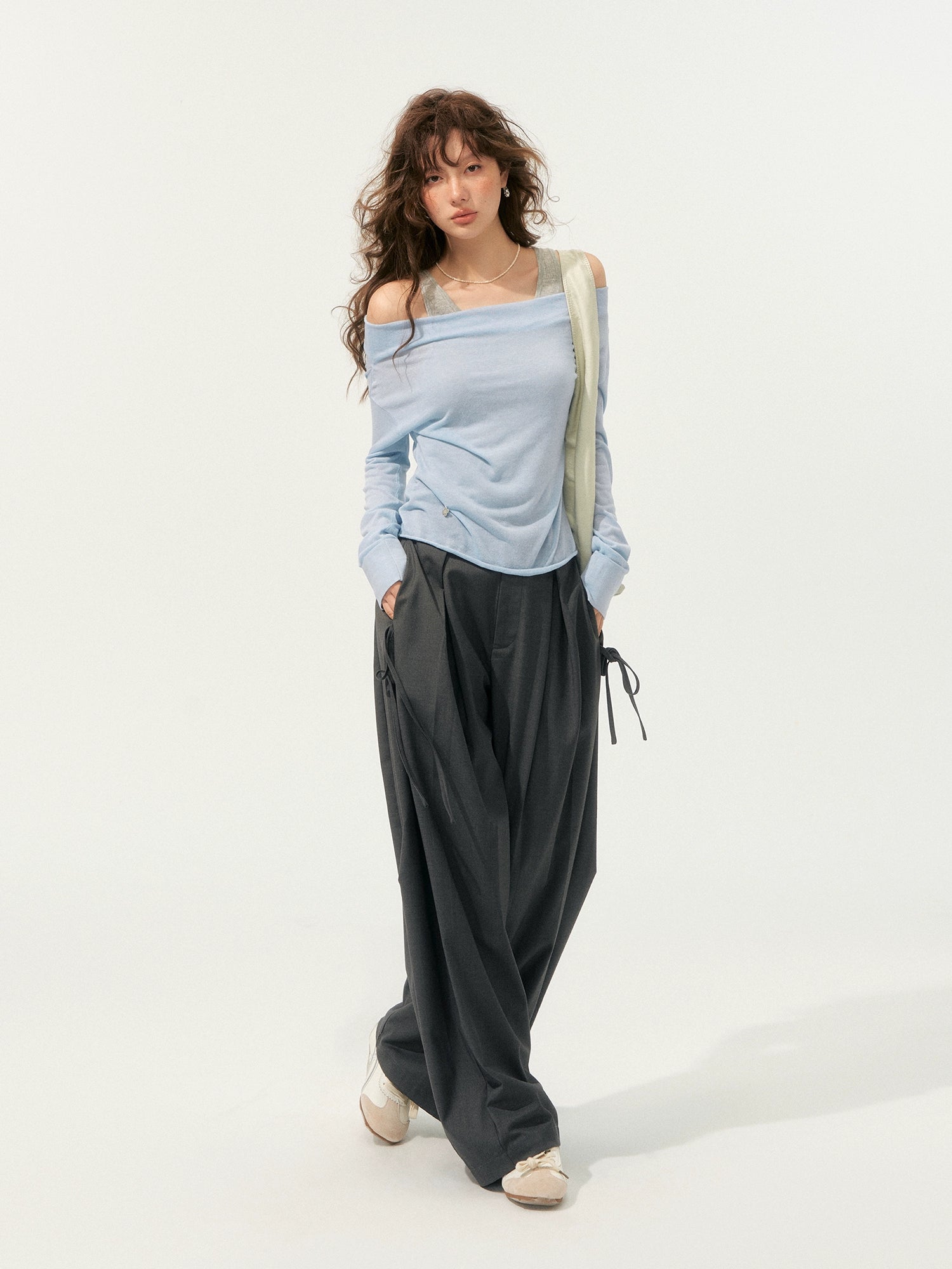 Fake Two-Piece Color-Block Draped Collar Knit Top - CHINASQUAD