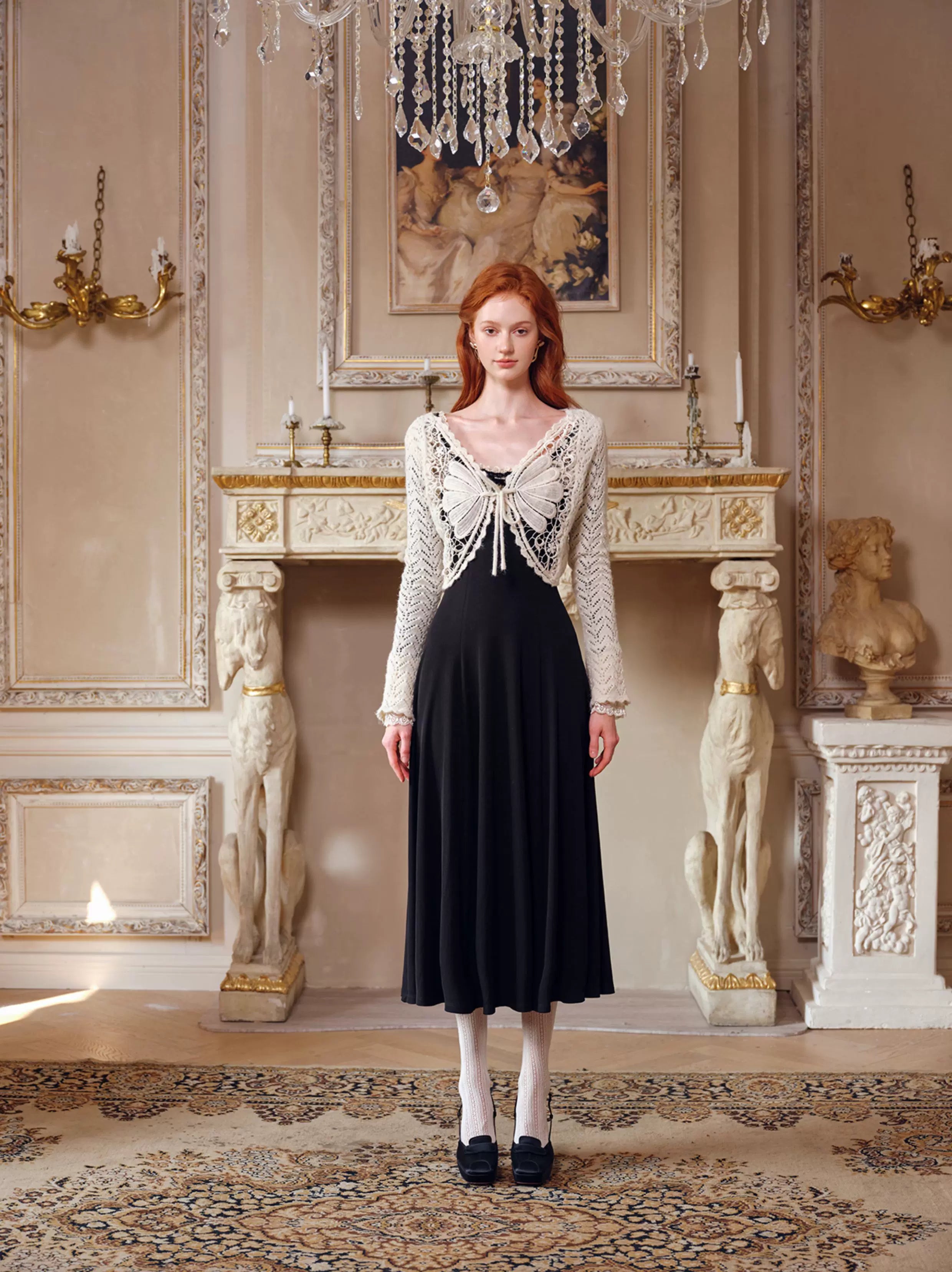 French Pastoral Black Knit Long-Sleeve Dress