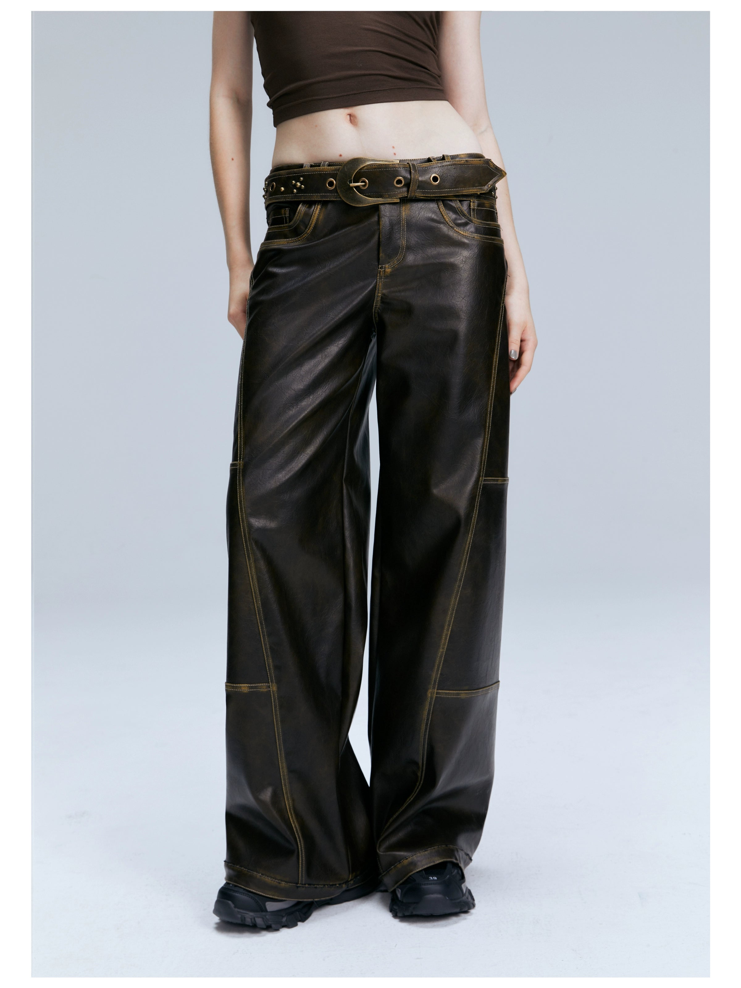 Brown PU Straight-Leg Pants - CHINASQUAD