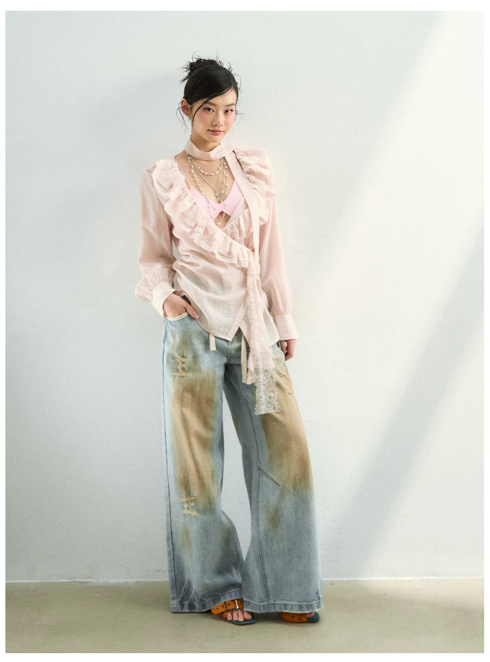 Lace Ruffle Tie Blouse