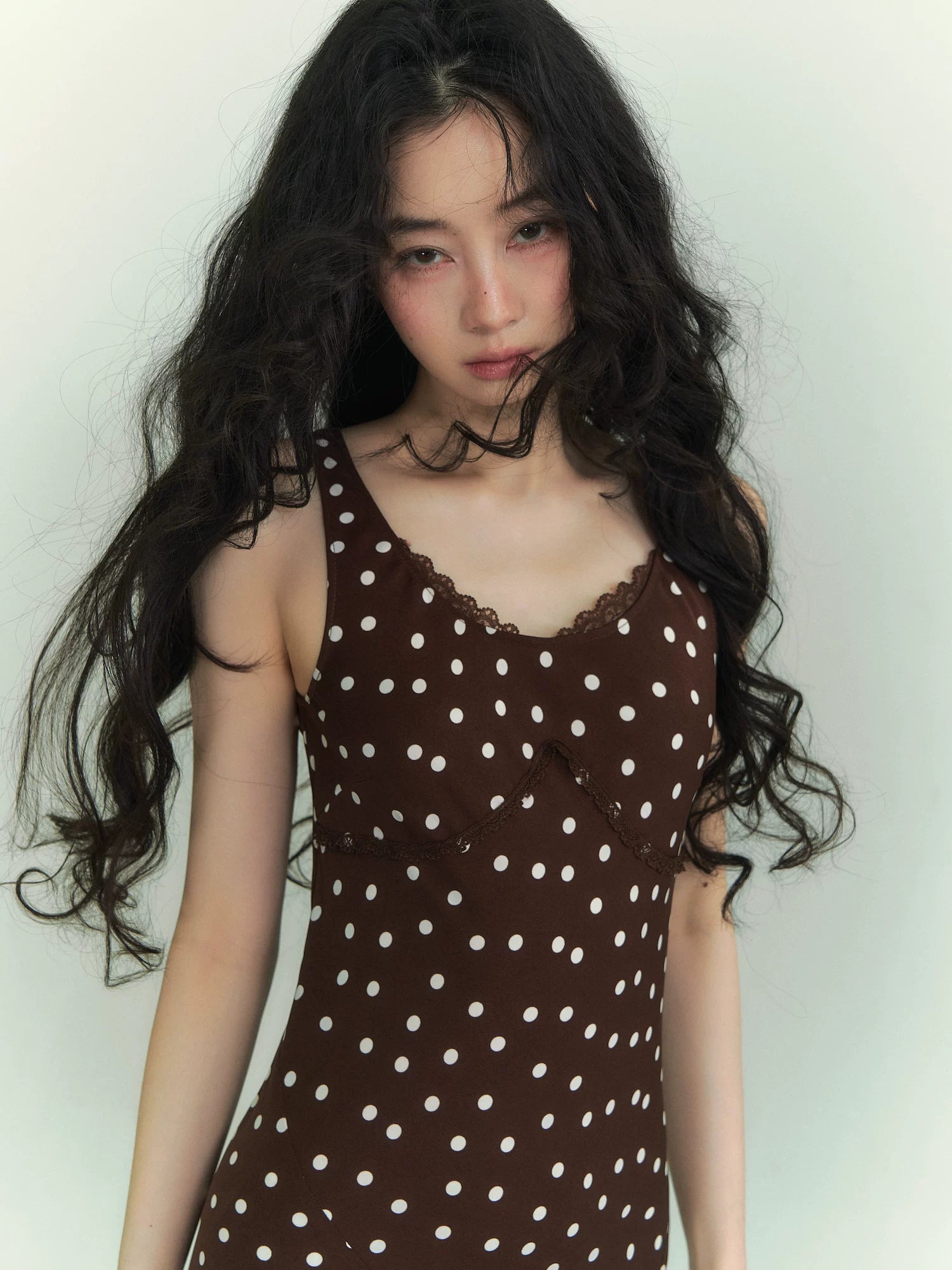 Lace-Trim Polka Dot Midi Dress