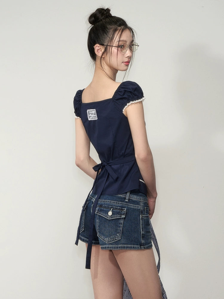 Lapel Waist-Cinching Lace Elastic Shirt - CHINASQUAD