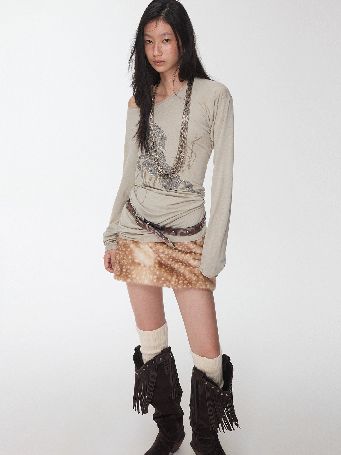 Asymmetric Draped Crystal-Embellished Long Sleeve T-Shirts - CHINASQUAD