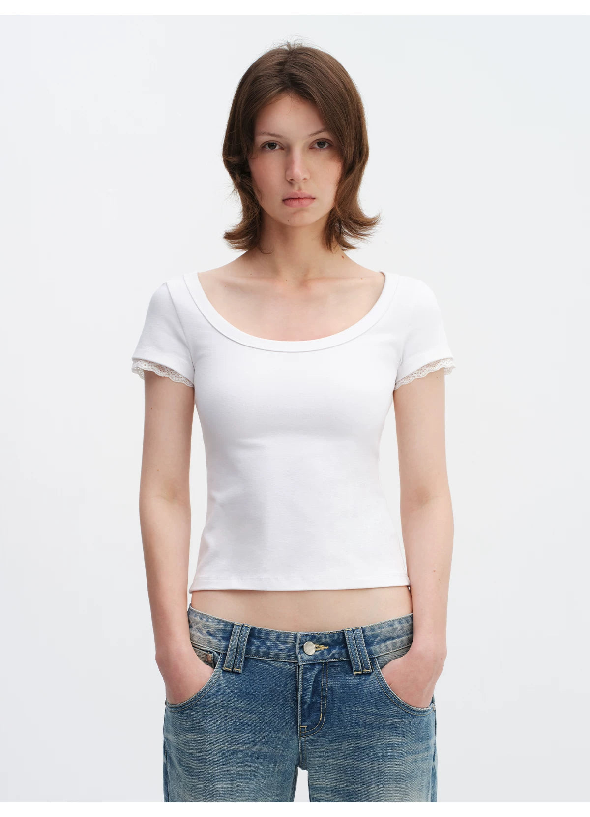 Lace Trim Scoop Neck Fitted Cotton T-Shirt