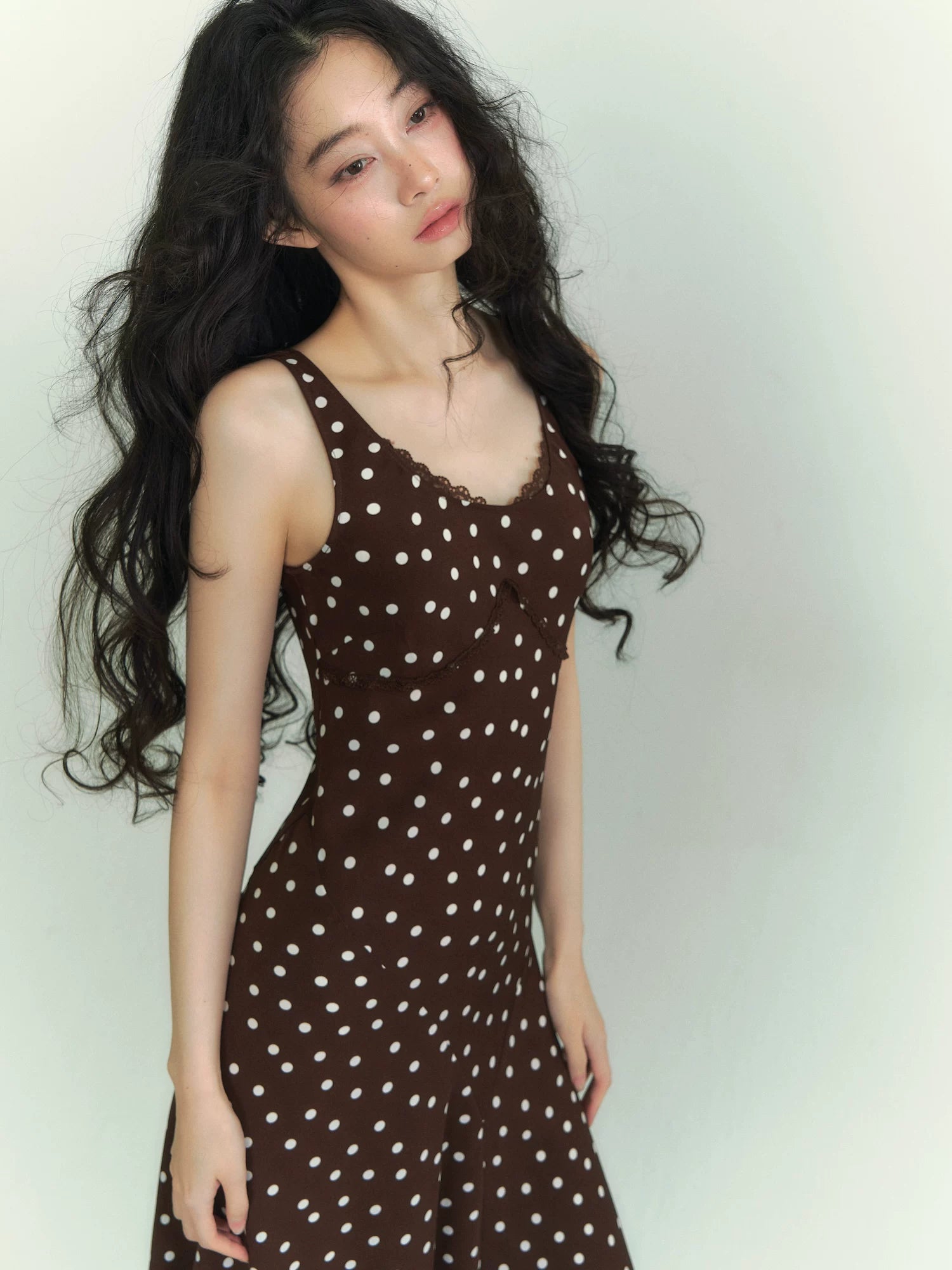 Lace-Trim Polka Dot Midi Dress