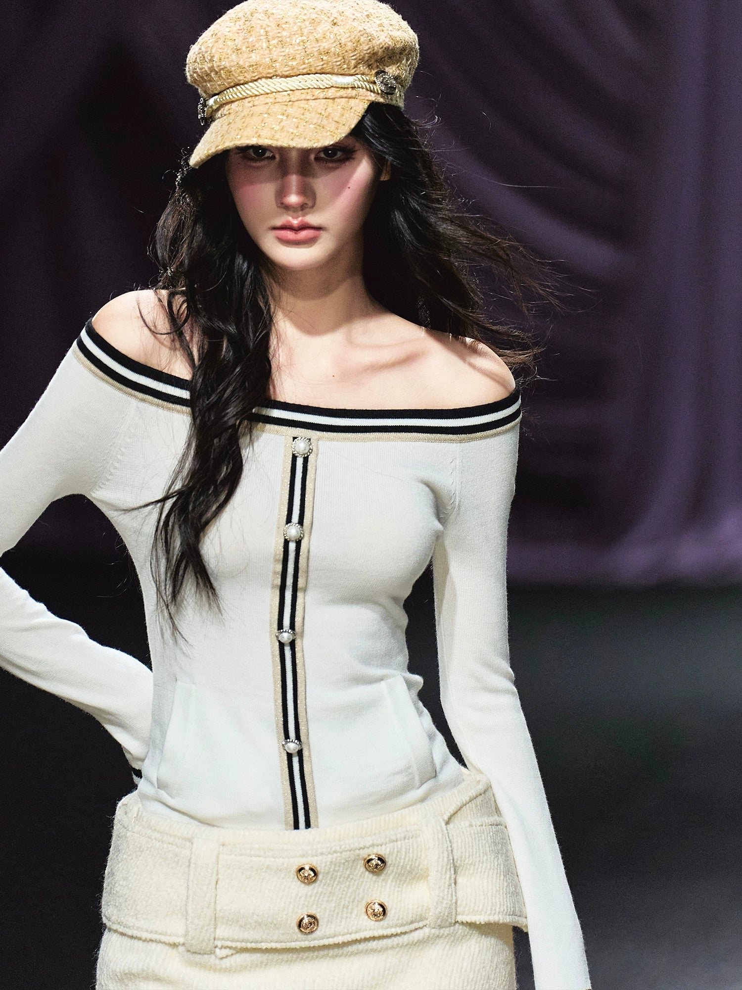 Off-Shoulder Wool-Blend Slim Knit Cardigan - CHINASQUAD