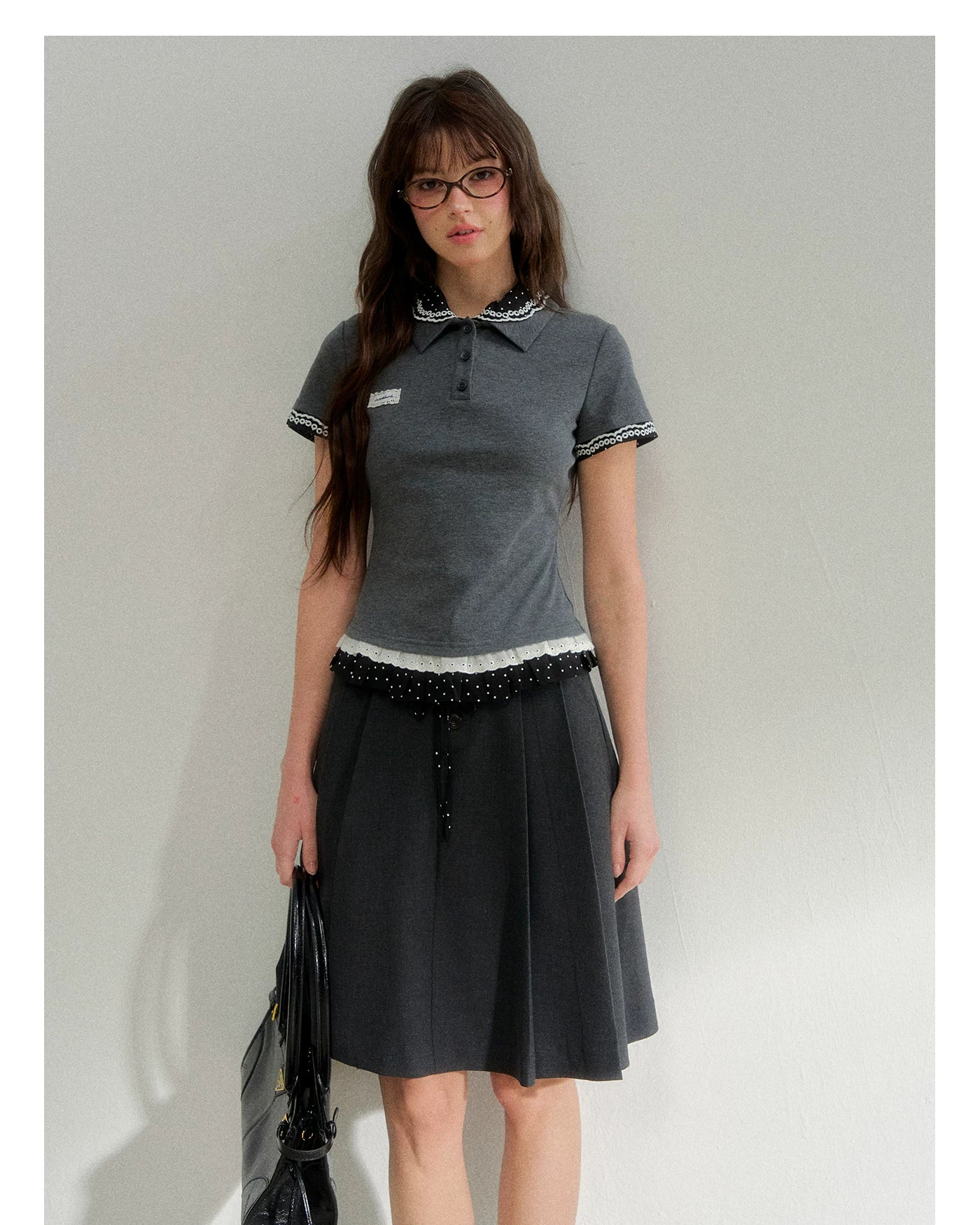 Vintage Layered Polka Dot Collar Knit Polo Tee