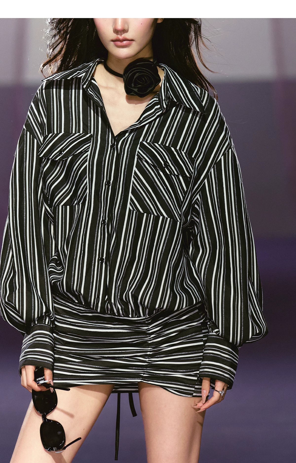 Striped Relaxed Shirt Dress with Satin Flower Brooch