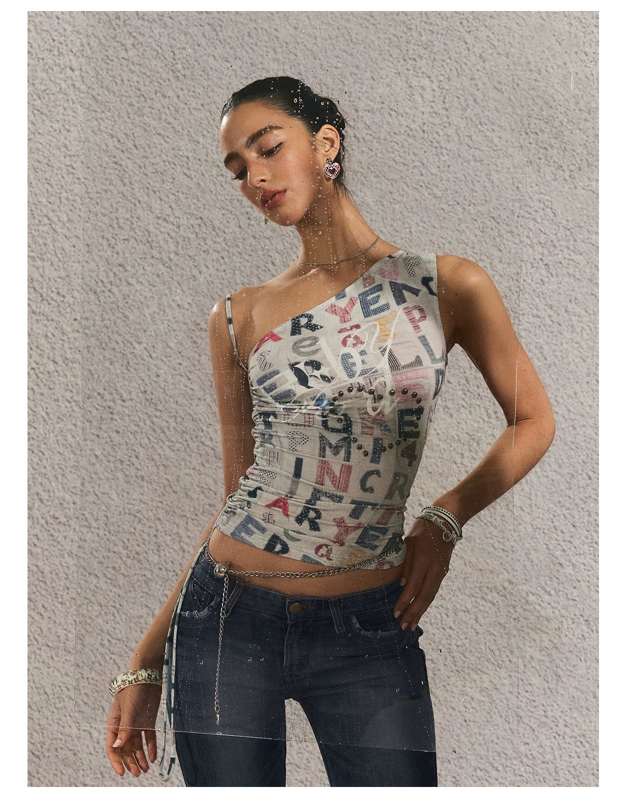 Vintage Graphic One-Shoulder Cinched Crop Tee