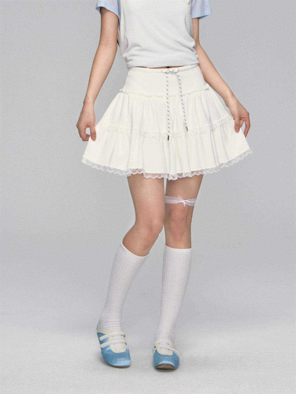 High-waisted Drawstring Lace-spliced Tiered Skirt - CHINASQUAD