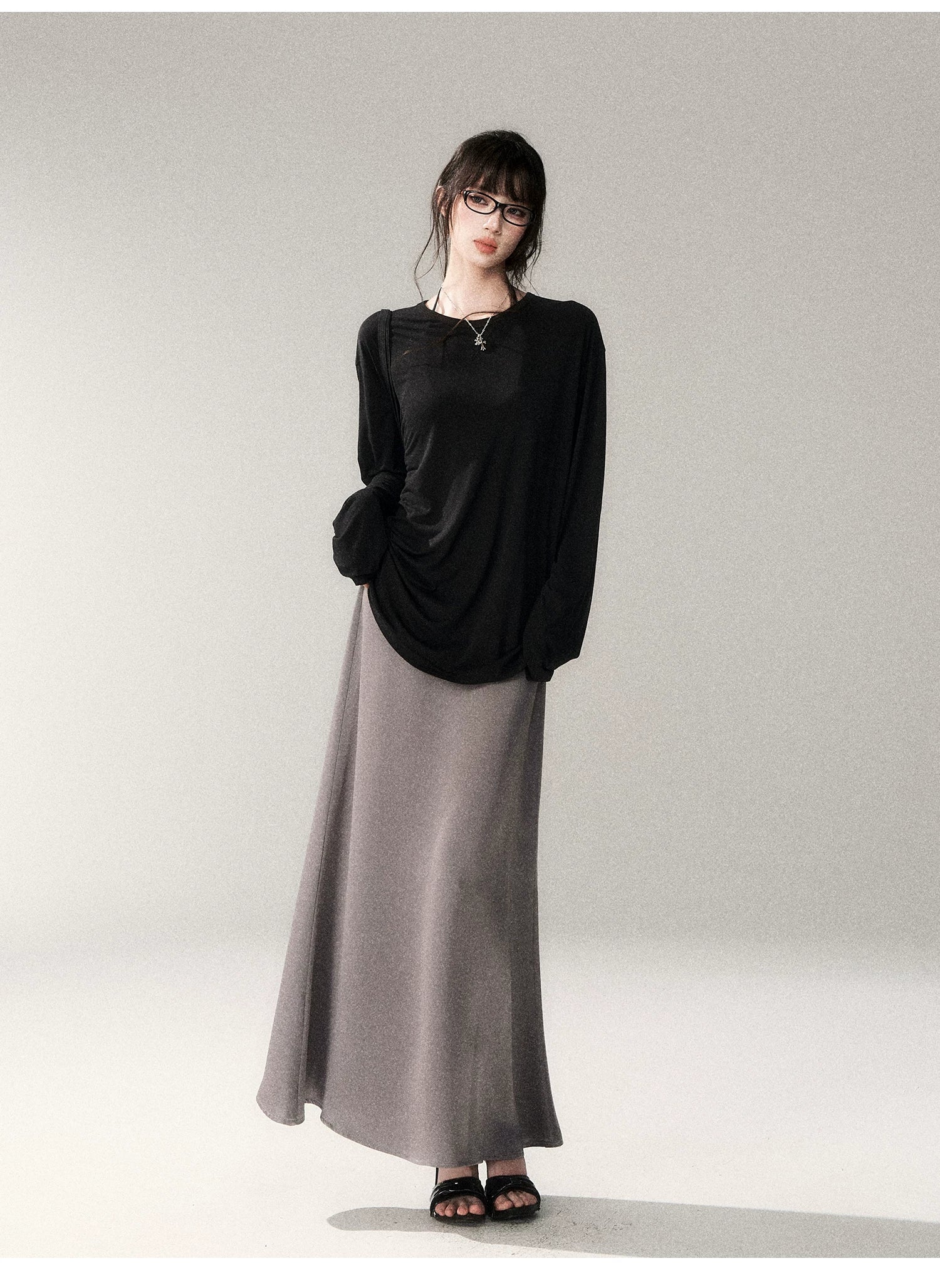 French Satin Acetate A-Line Midi Skirt