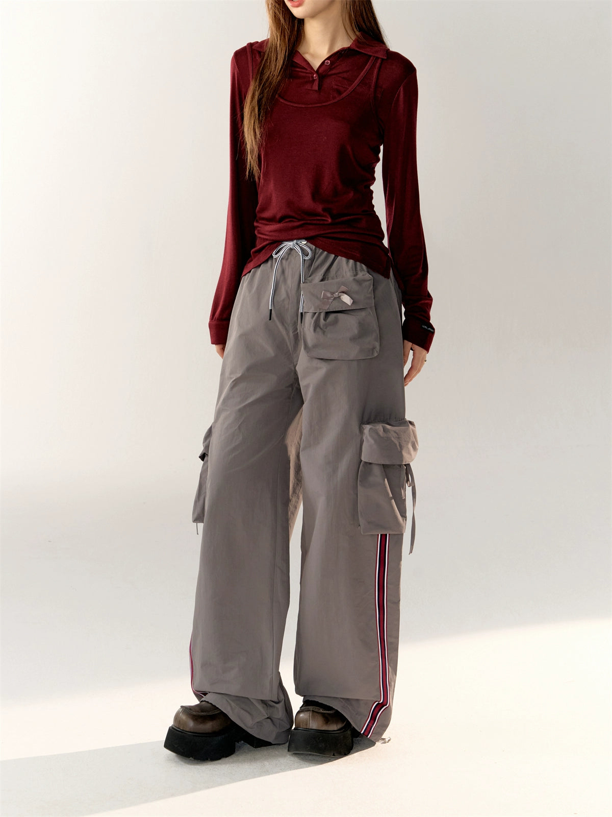 Striped Tape Drawstring Loose Wide-Leg Pants - CHINASQUAD