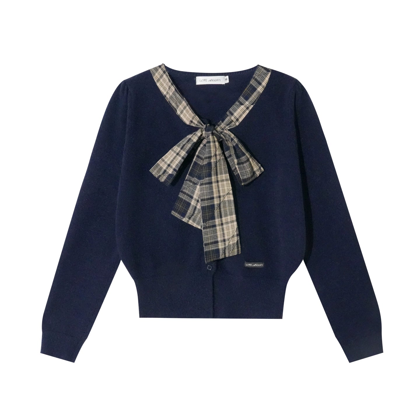 Plaid Bow-Knot Round Neck Knitted Cardigan - CHINASQUAD