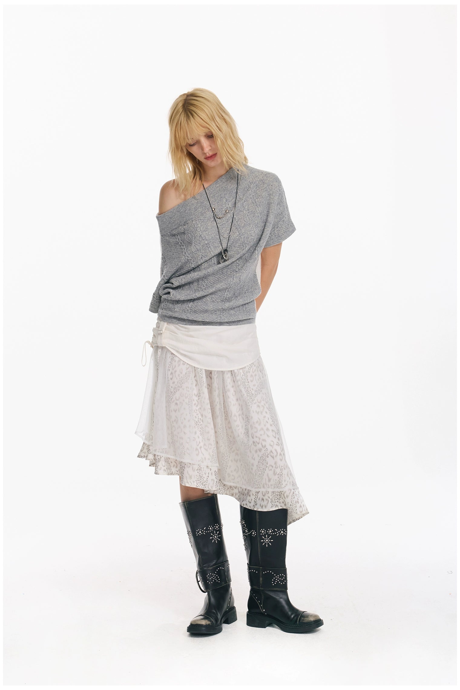 Diagonal Bat-Sleeve Knit Crewneck