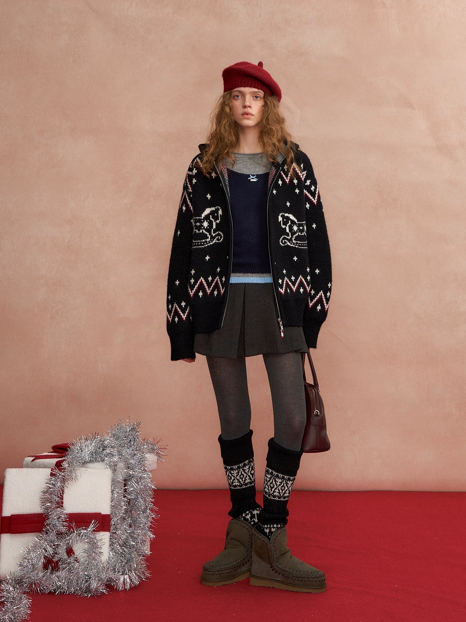 Fair Isle Horse-Pattern Hooded Cardigan