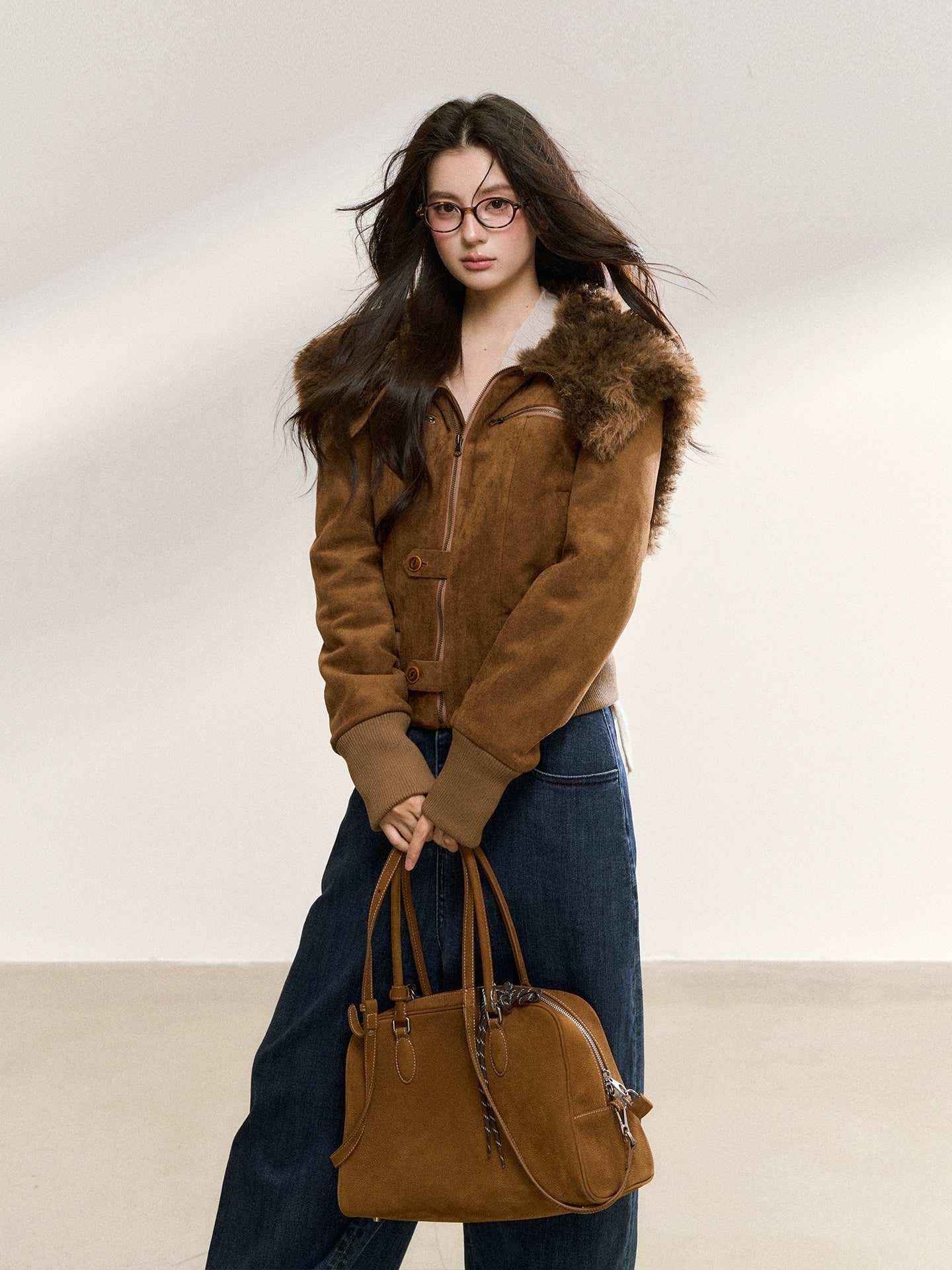 Mahogany Faux Fur Collar Suede Cropped Jacket - CHINASQUAD