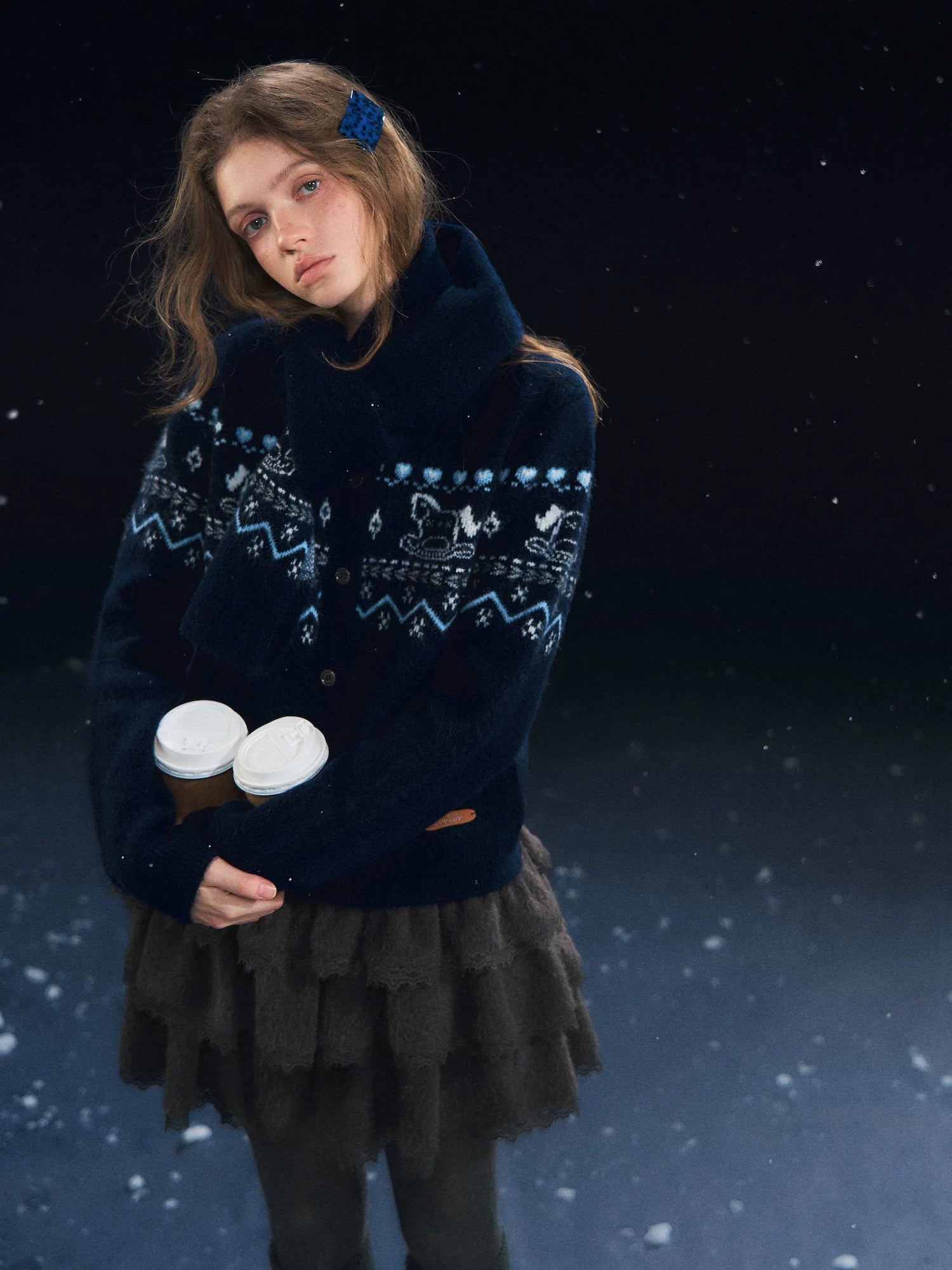 Fair Isle Scarf & Cardigan Two-Piece Set