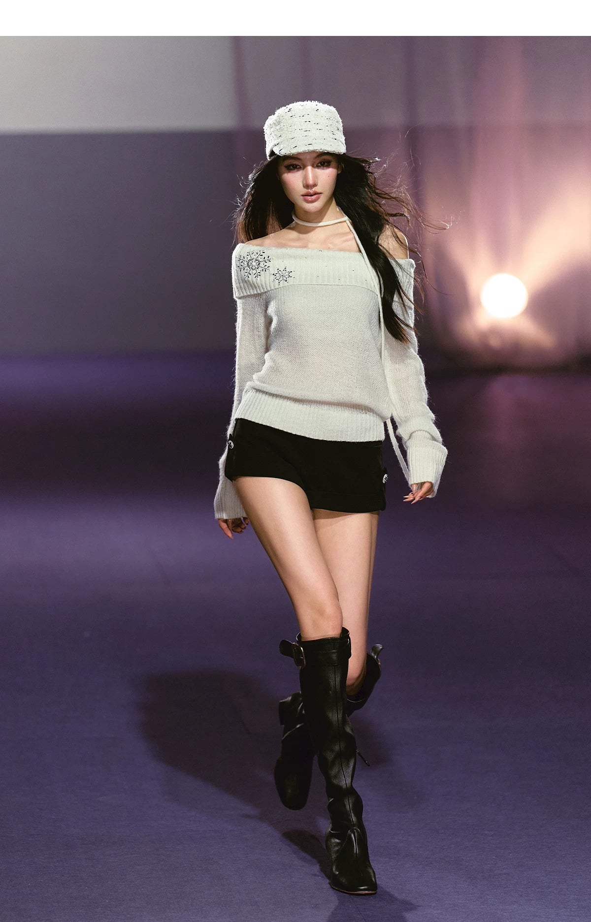 Snowflake Rhinestone Off-Shoulder Knit Sweater