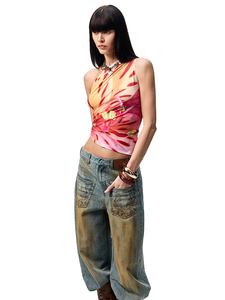 Slanted Shoulder Wrinkle-Printed Floral Vest - CHINASQUAD