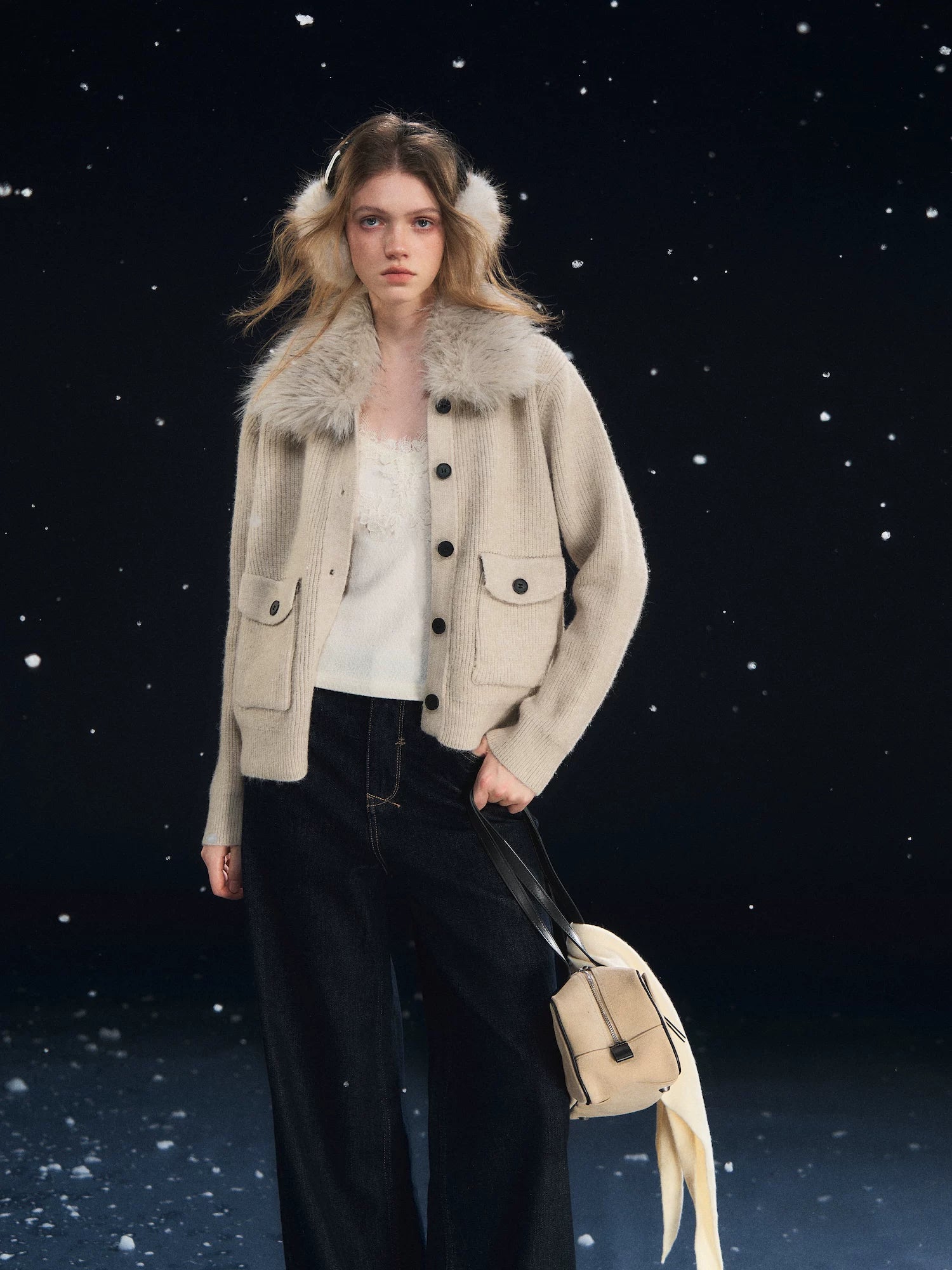 Detachable Fur Collar Ribbed Cardigan